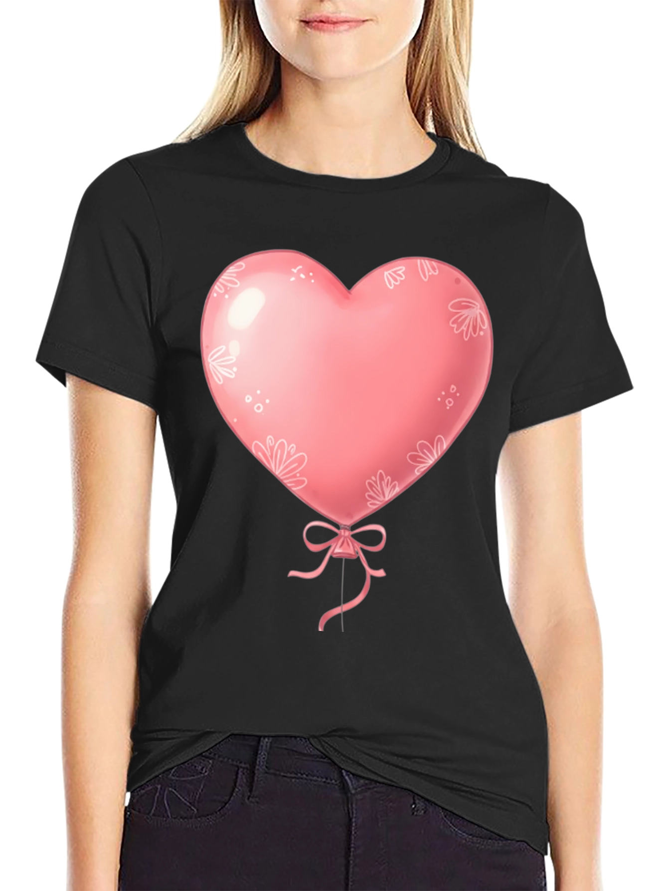 Heart Balloon Graphic Tee - Black Cotton Shirt
