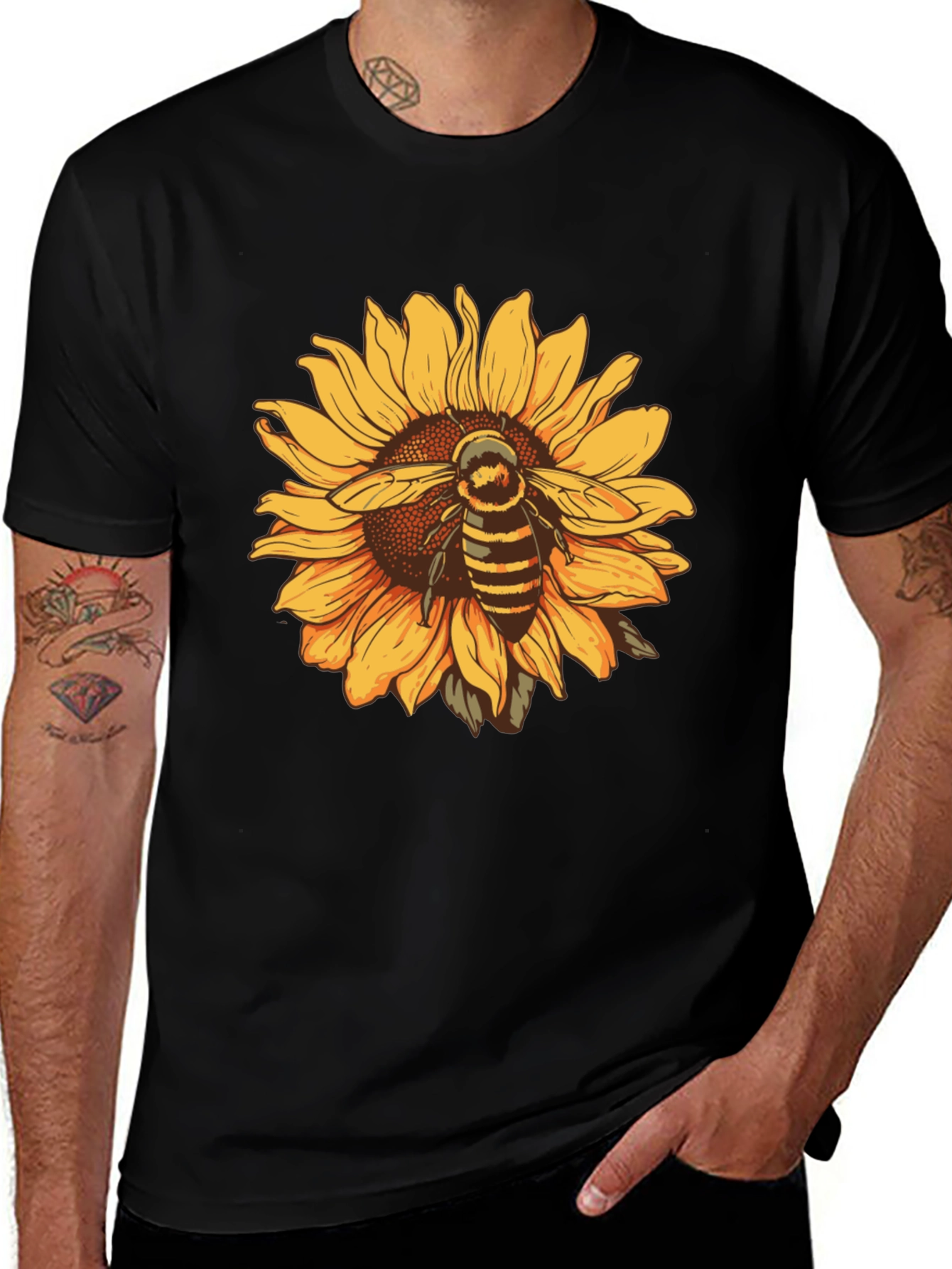 Sunflower & Bee Graphic Black T-Shirt