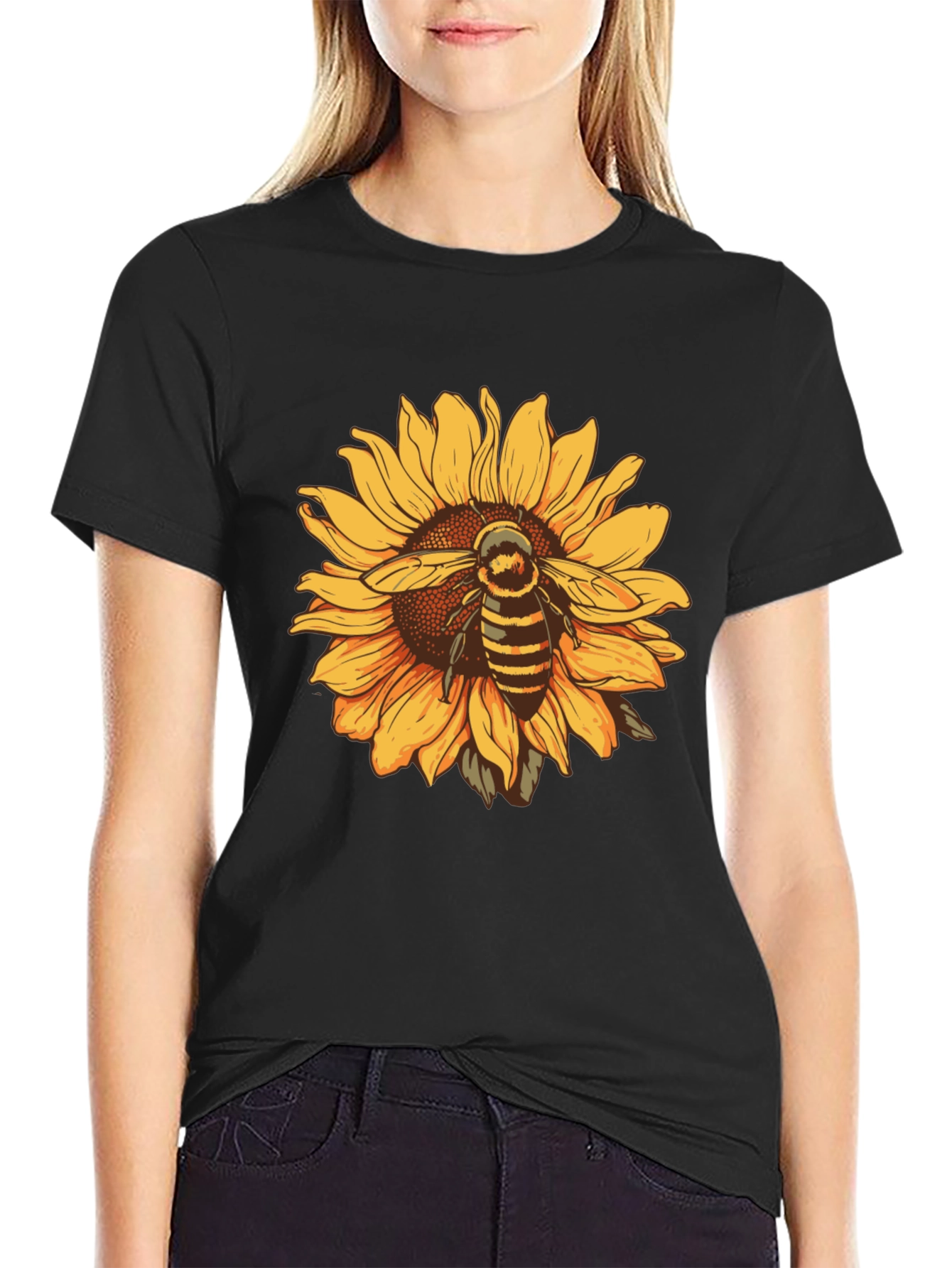 Sunflower & Bee Graphic Black T-Shirt