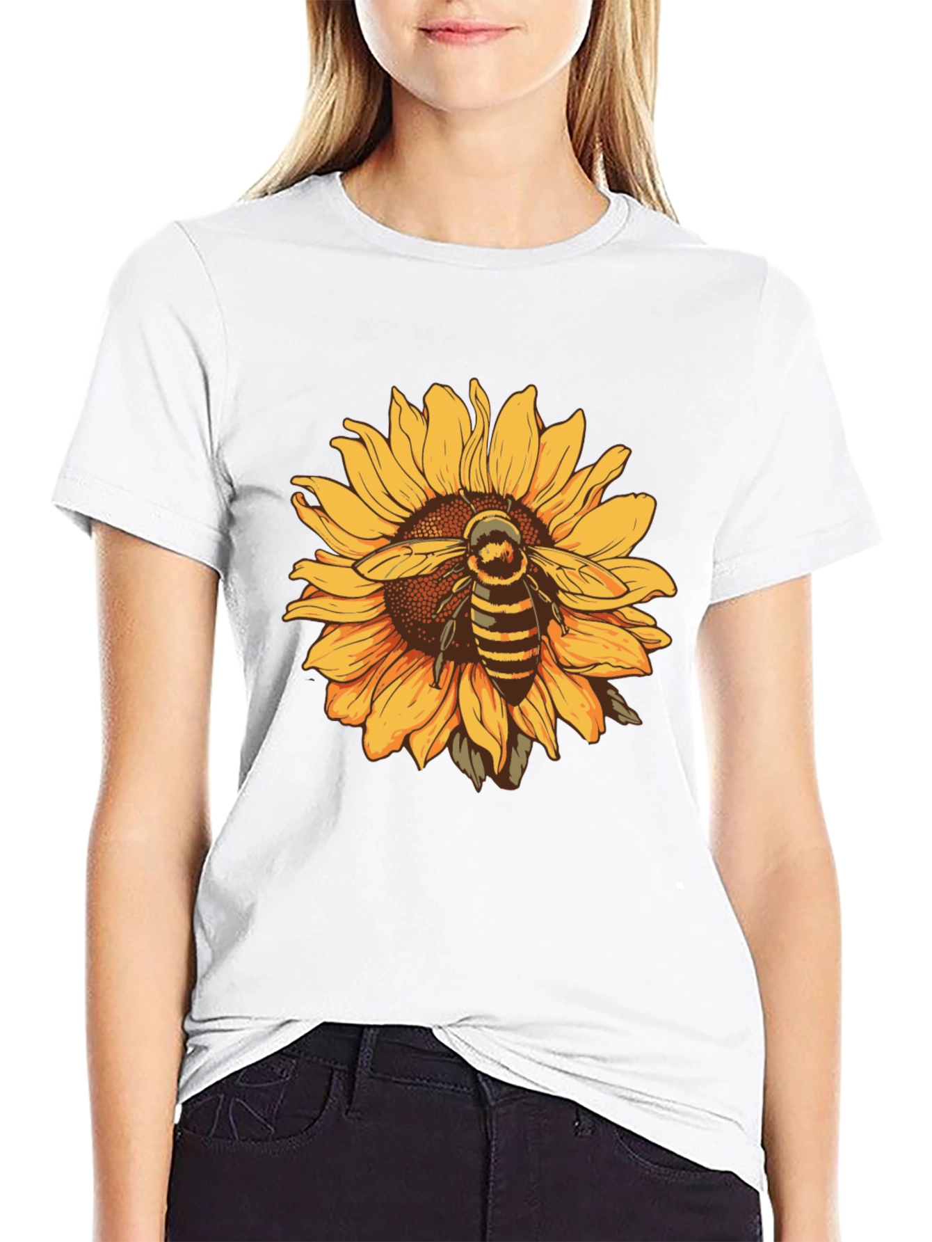 Sunflower & Bee Graphic Black T-Shirt