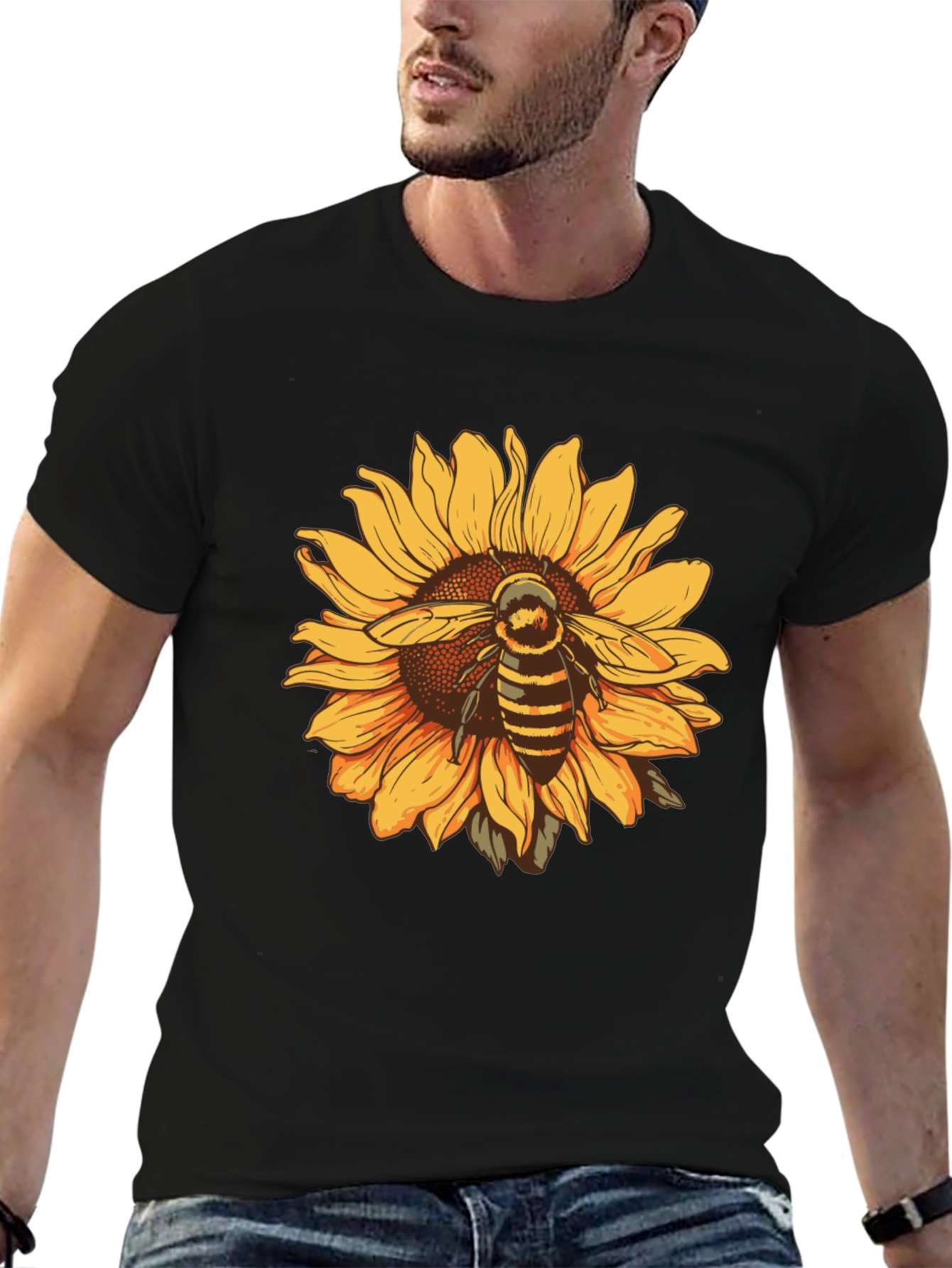 Sunflower & Bee Graphic Black T-Shirt