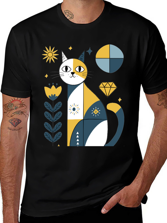 Geometric Cat Graphic Tee - Stylish Black T-Shirt