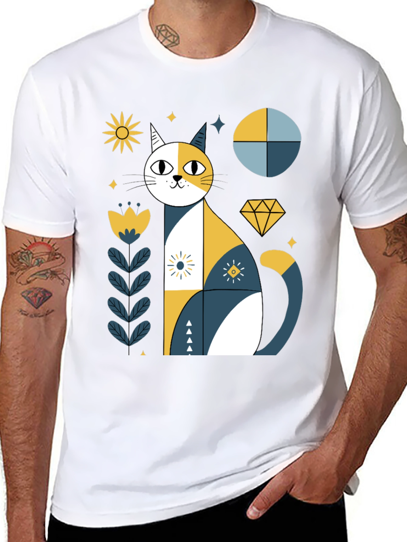Geometric Cat Graphic Tee - Stylish Black T-Shirt