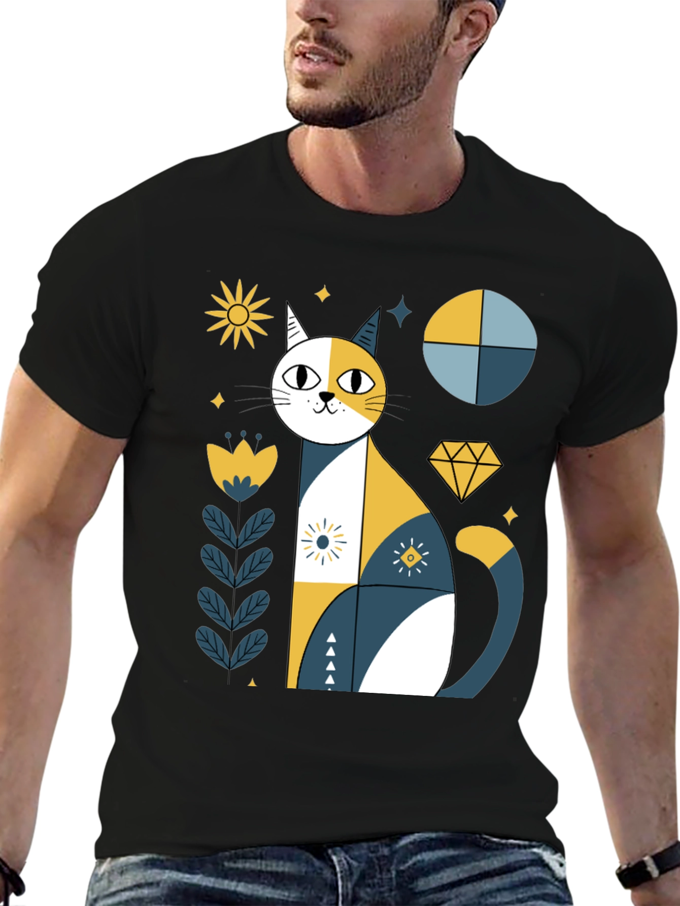 Geometric Cat Graphic Tee - Stylish Black T-Shirt