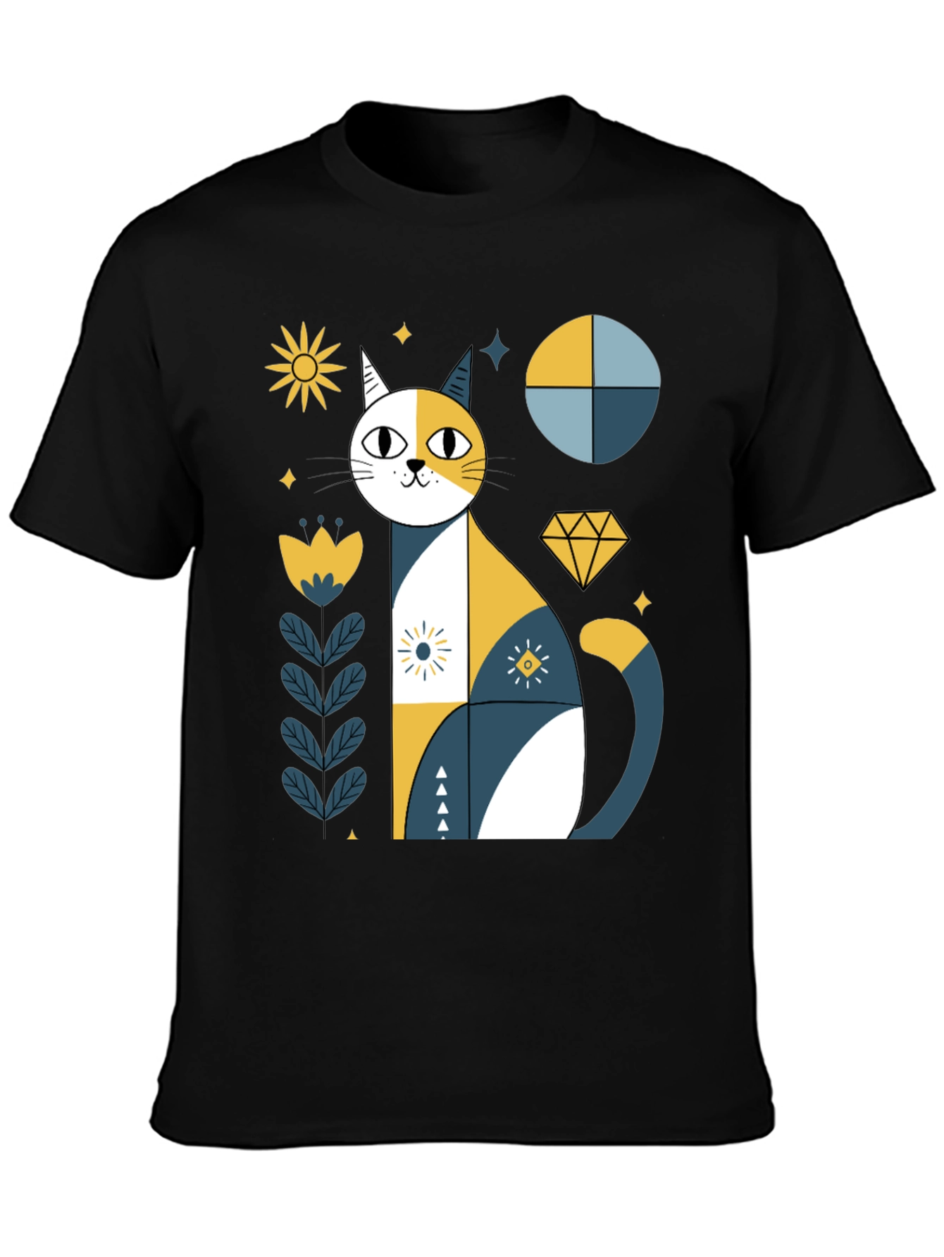 Geometric Cat Graphic Tee - Stylish Black T-Shirt
