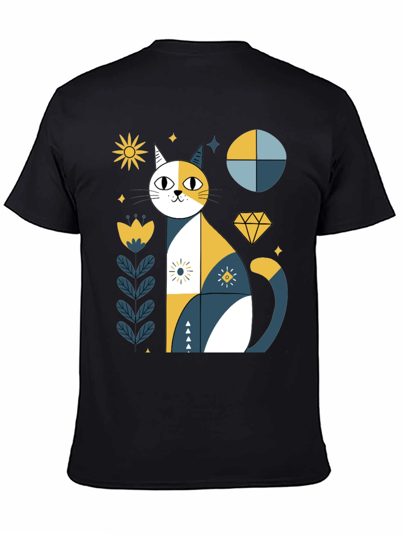 Geometric Cat Graphic Tee - Stylish Black T-Shirt