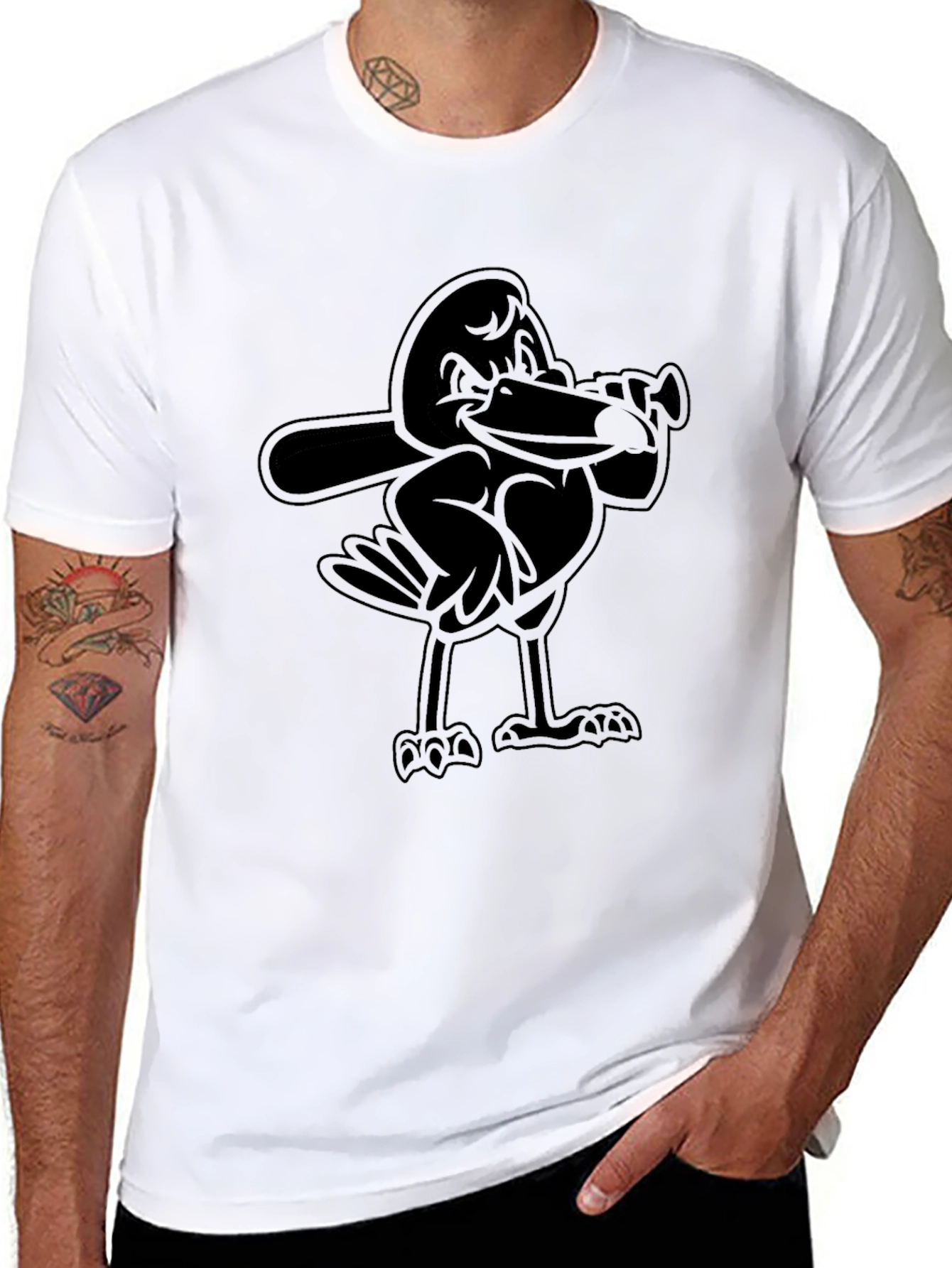 Cartoon Bird Baseball Player Black T-Shirt