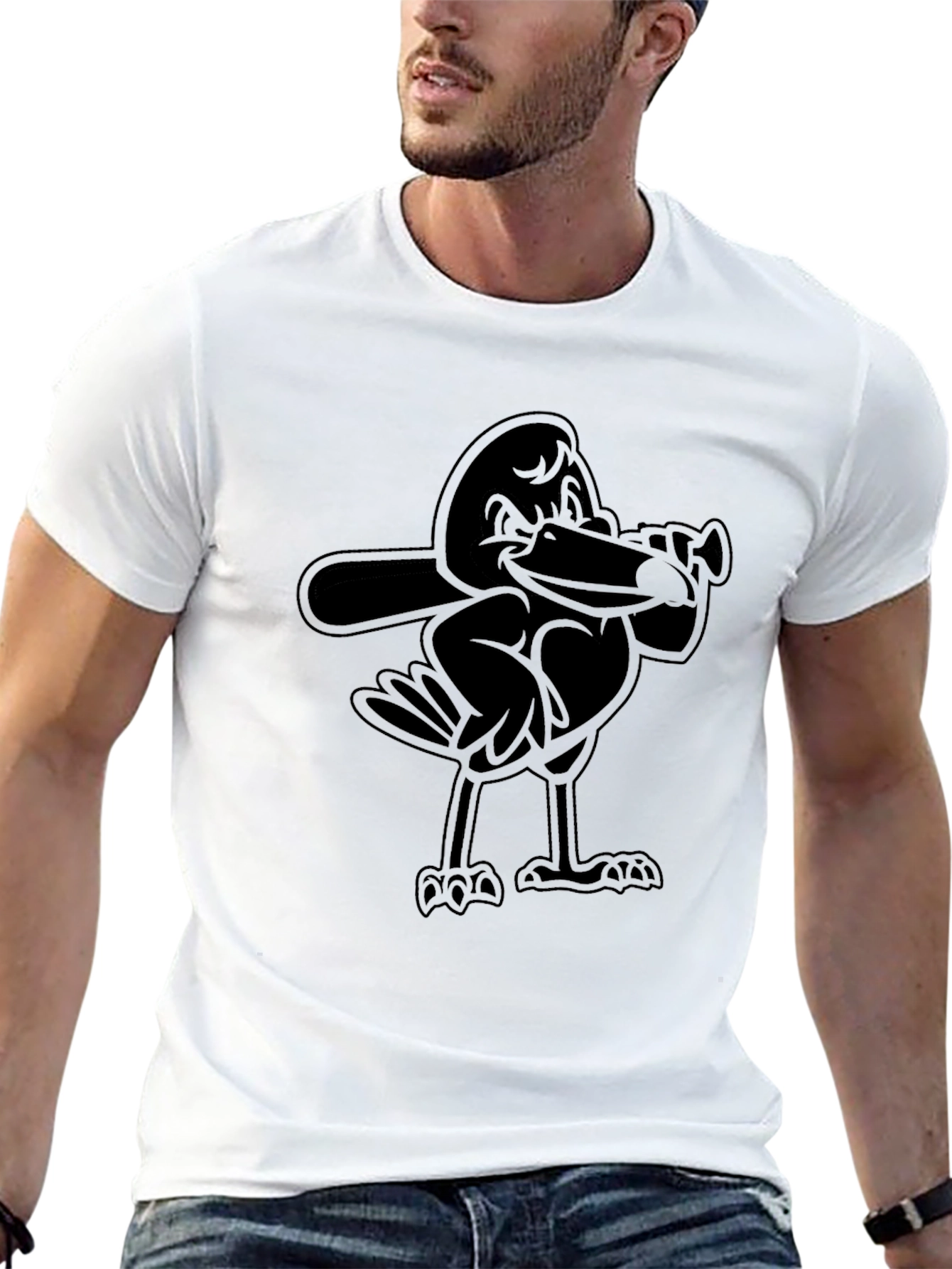 Cartoon Bird Baseball Player Black T-Shirt