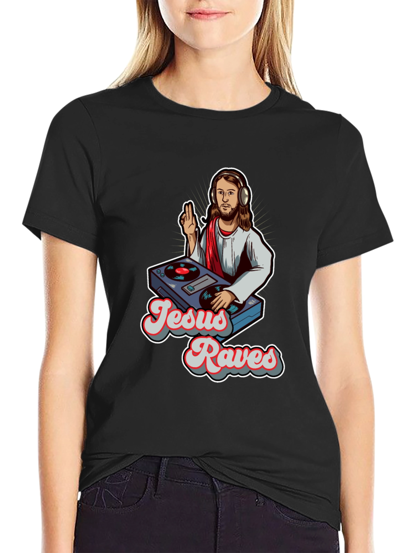 Jesus Raves Graphic Tee - Black Crewneck T-Shirt