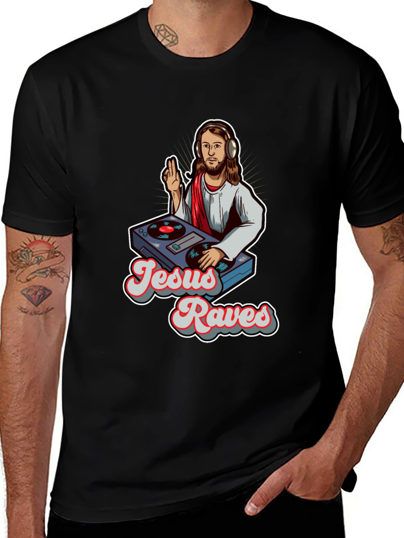 Jesus Raves Graphic Tee - Black Crewneck T-Shirt