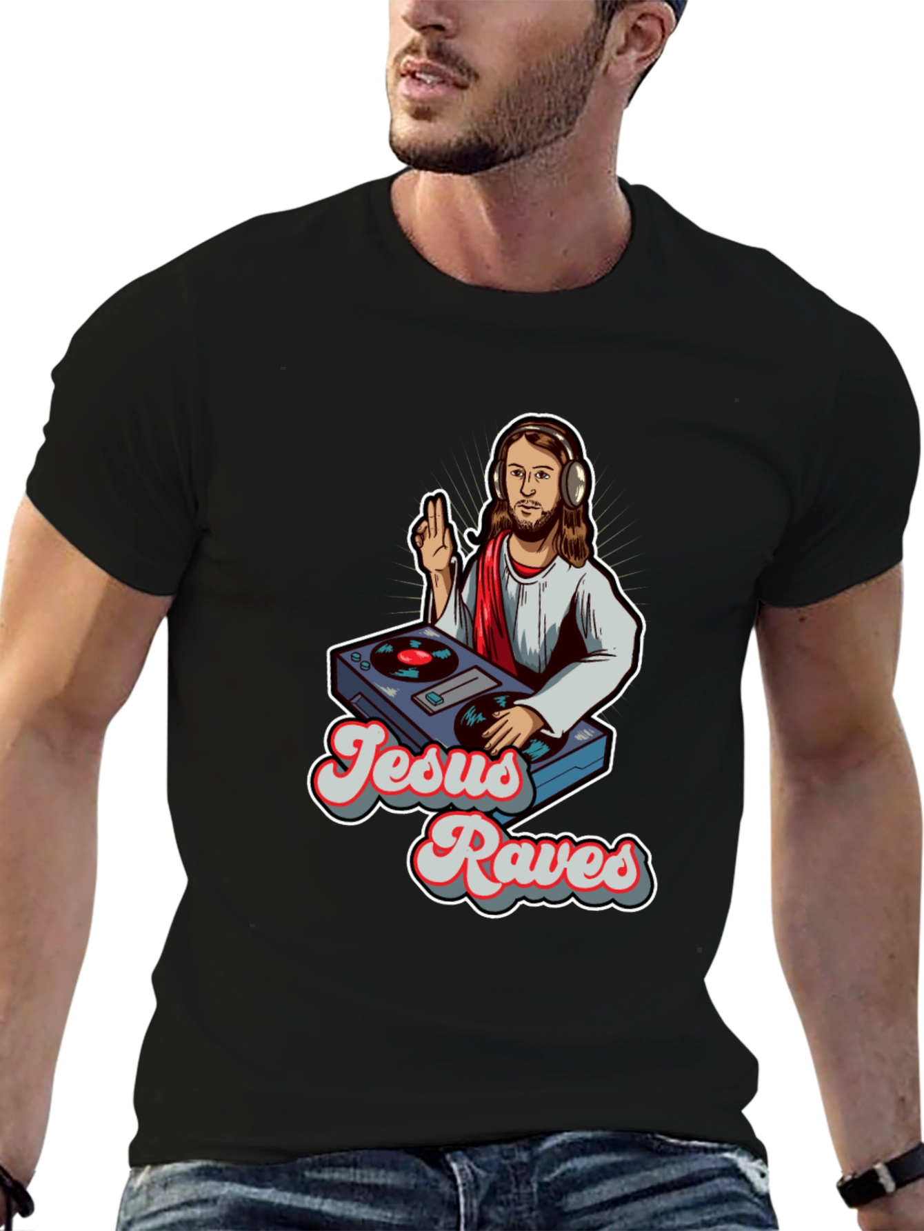 Jesus Raves Graphic Tee - Black Crewneck T-Shirt