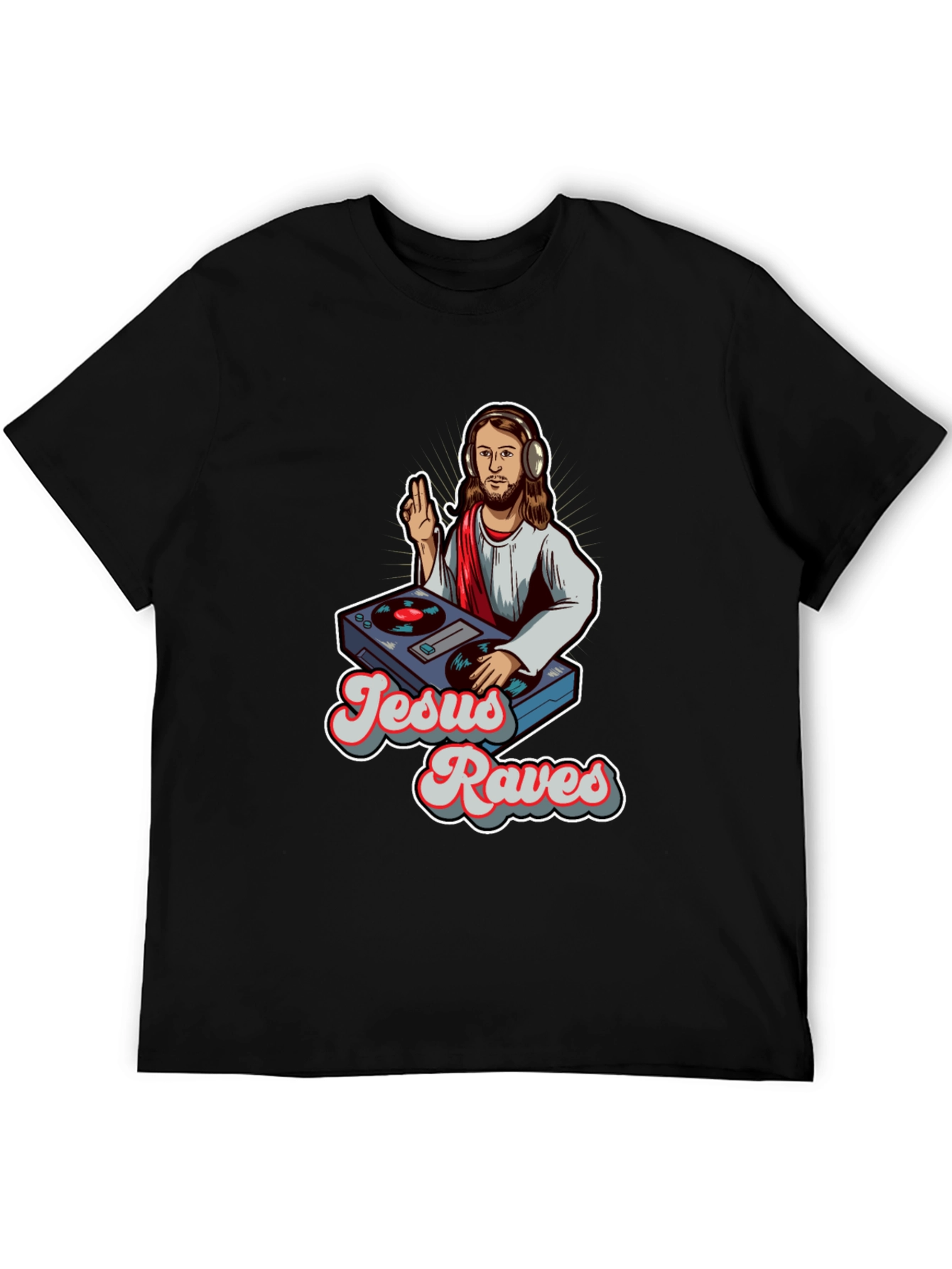 Jesus Raves Graphic Tee - Black Crewneck T-Shirt