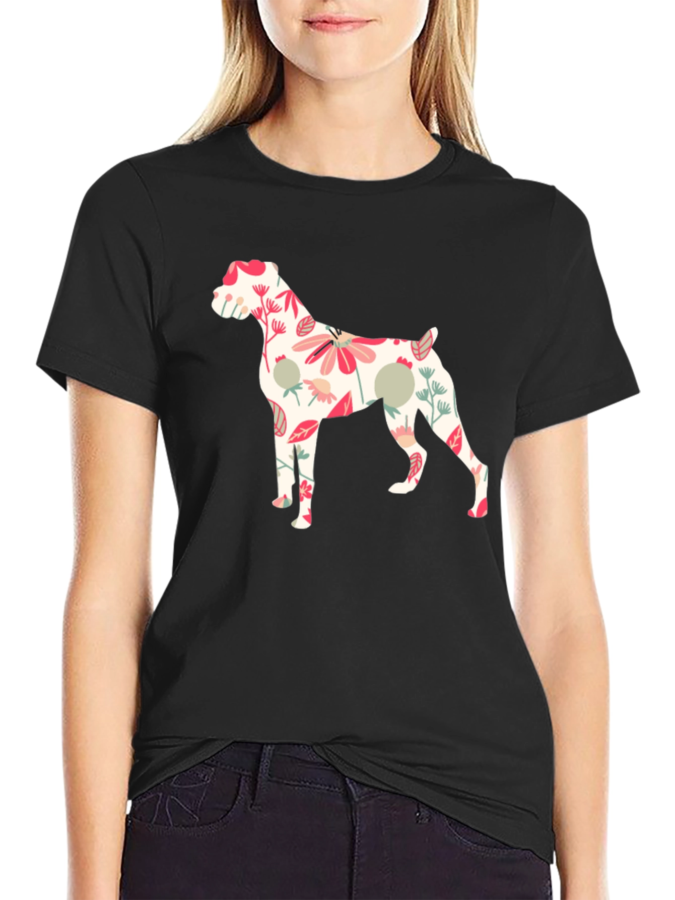 Floral Dog Print Black T-Shirt