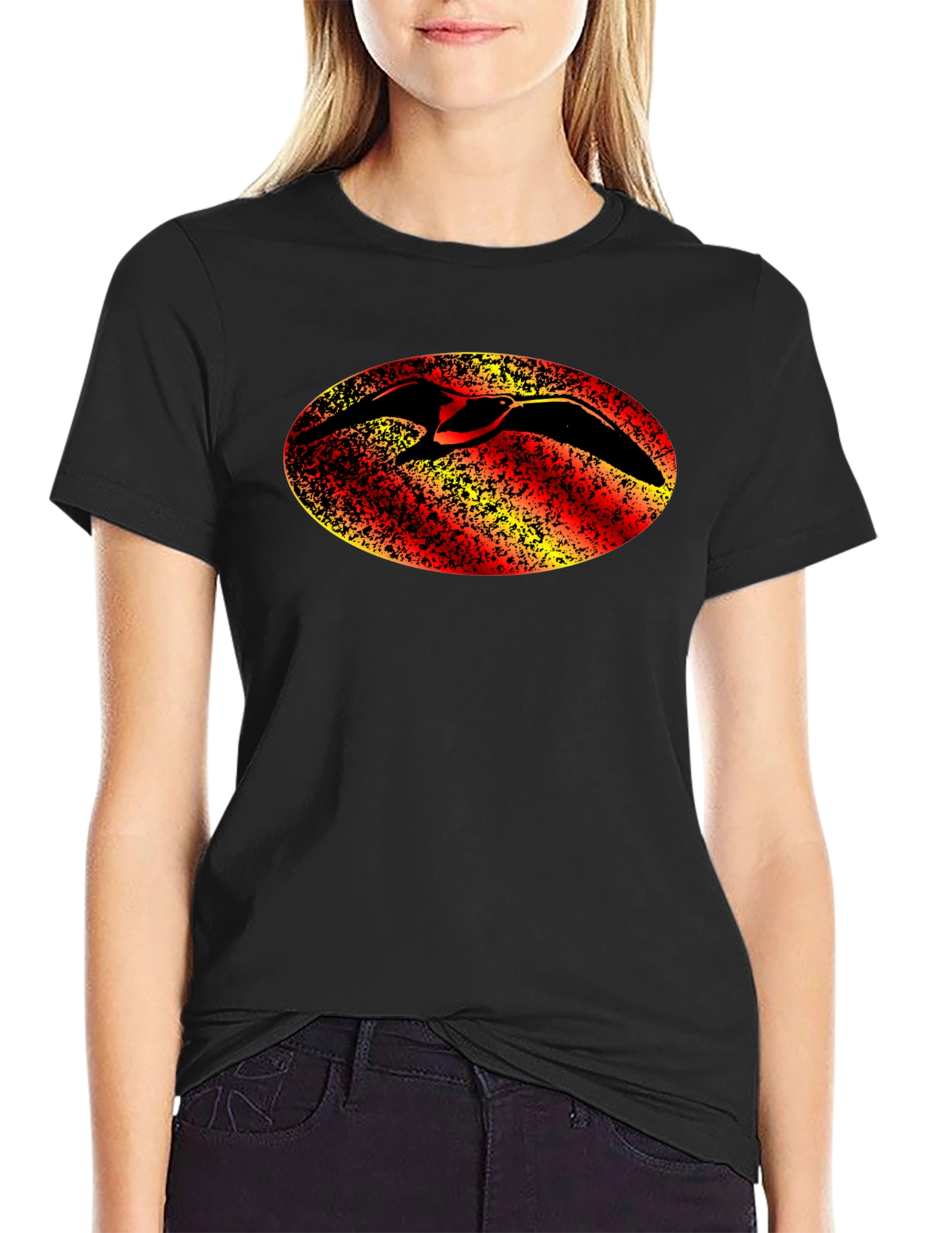 Black T-Shirt with Bird Oval Design