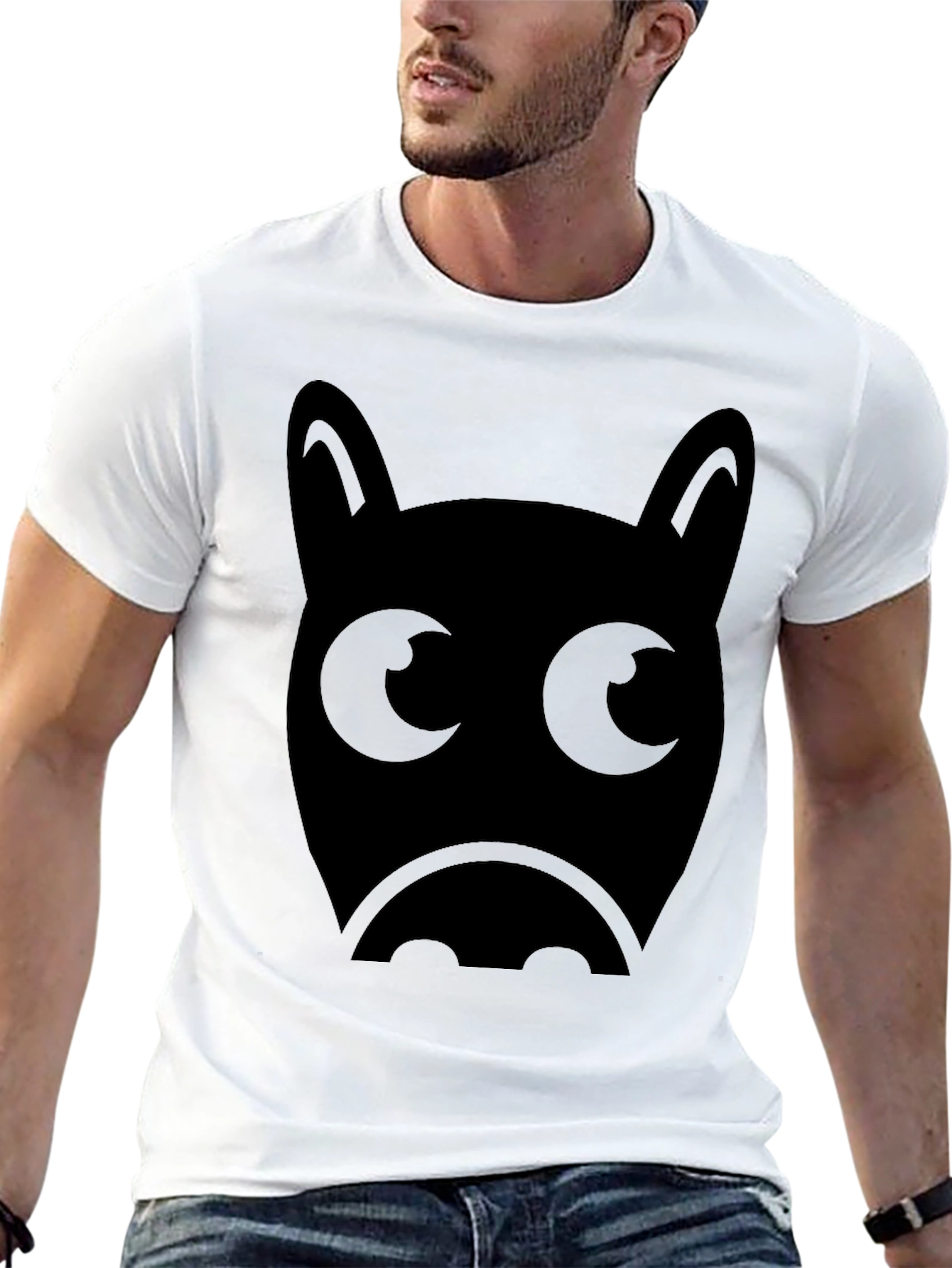 Mens Black T-Shirt with Cute Bat Face Graphic