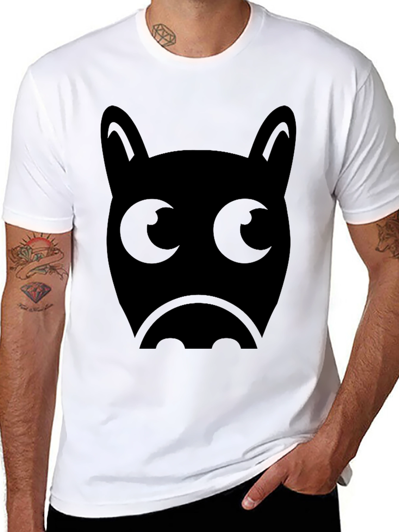 Mens Black T-Shirt with Cute Bat Face Graphic