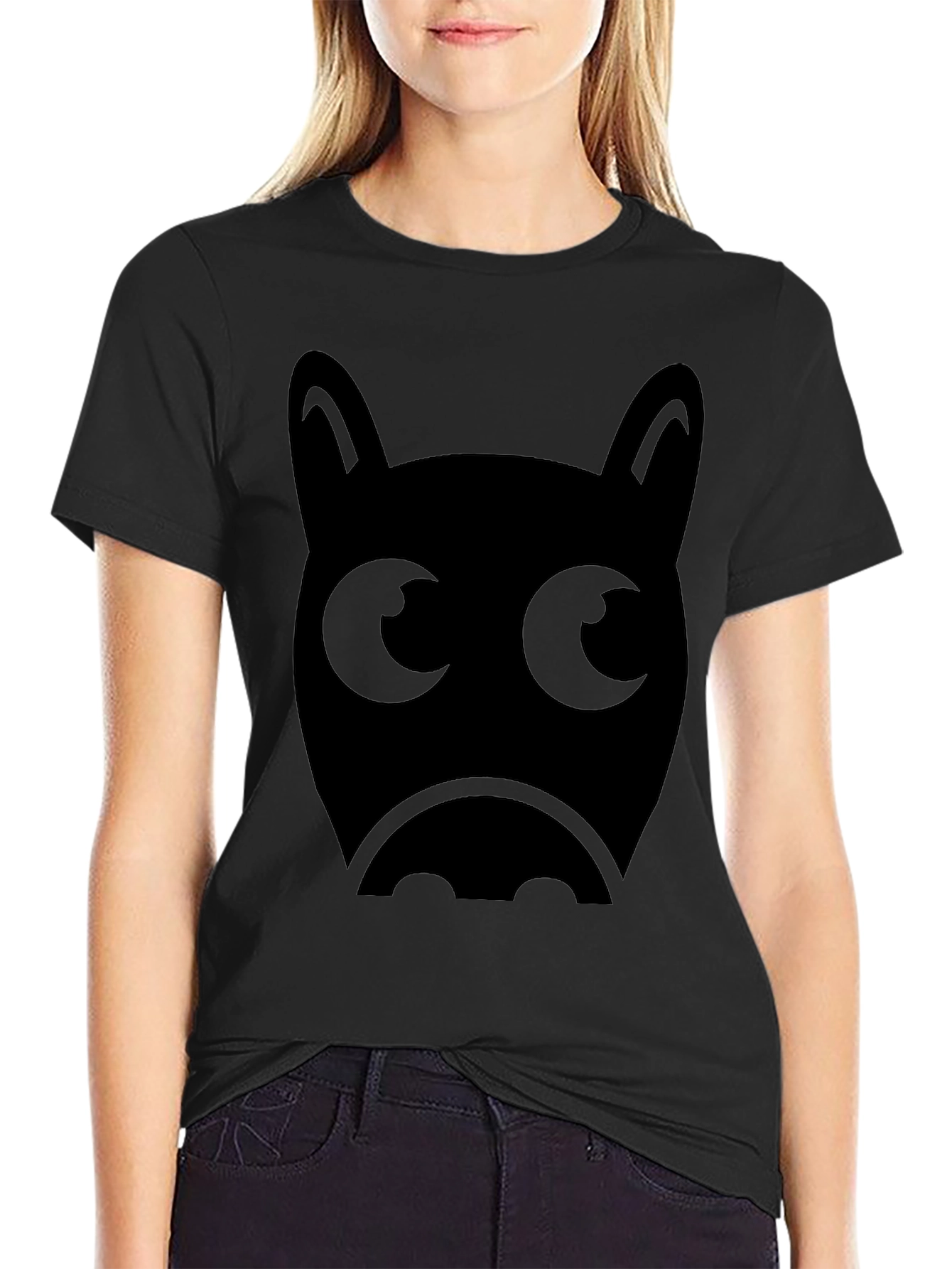 Mens Black T-Shirt with Cute Bat Face Graphic