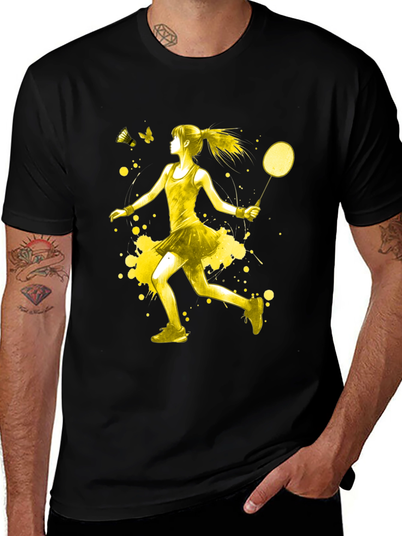 Badminton Player Graphic T-Shirt - Yellow Art Design
