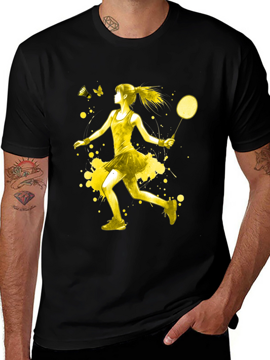 Badminton Player Graphic T-Shirt - Yellow Art Design
