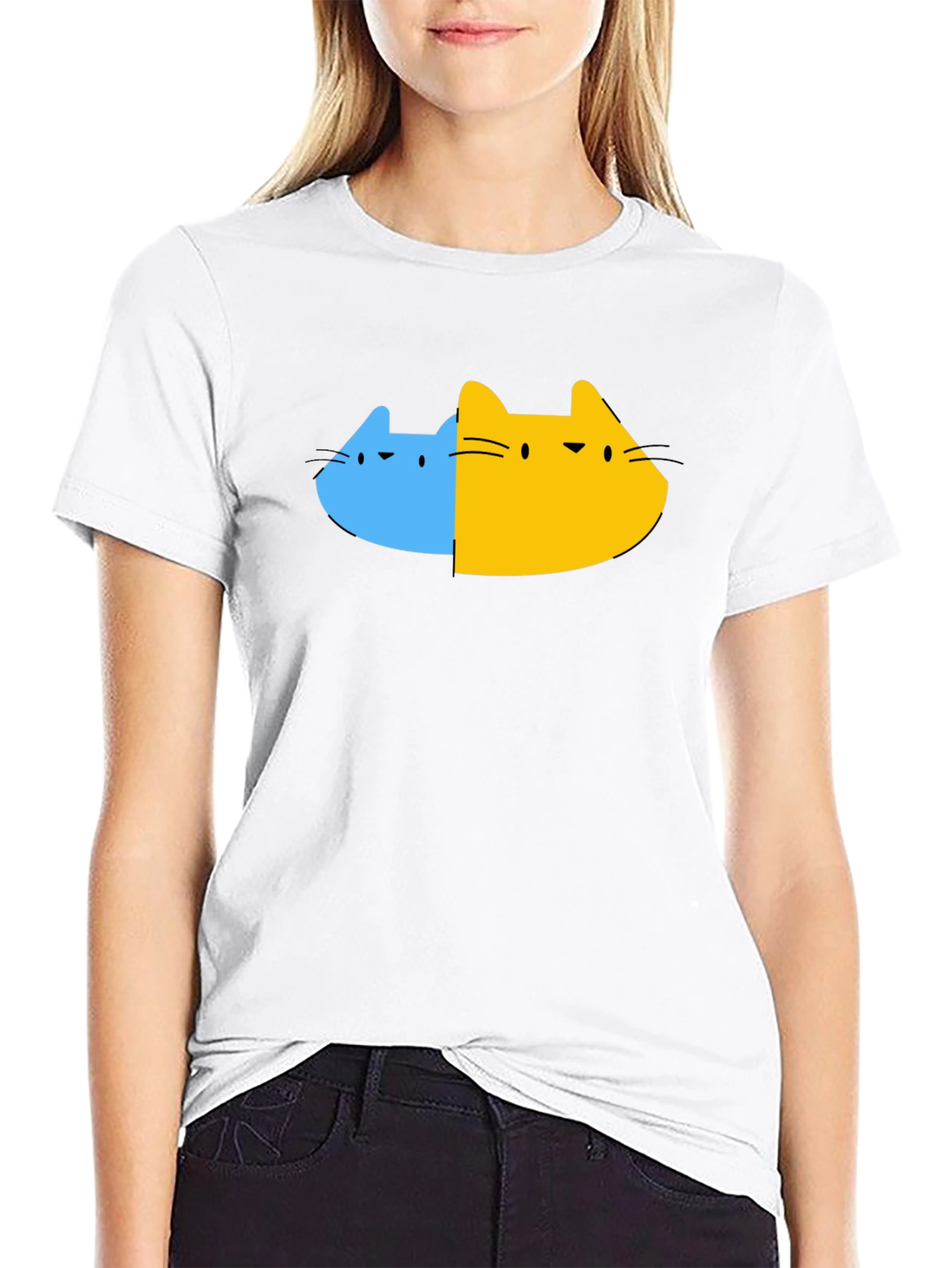 Dual Cat Graphic Tee - Black Cotton Blend T-Shirt