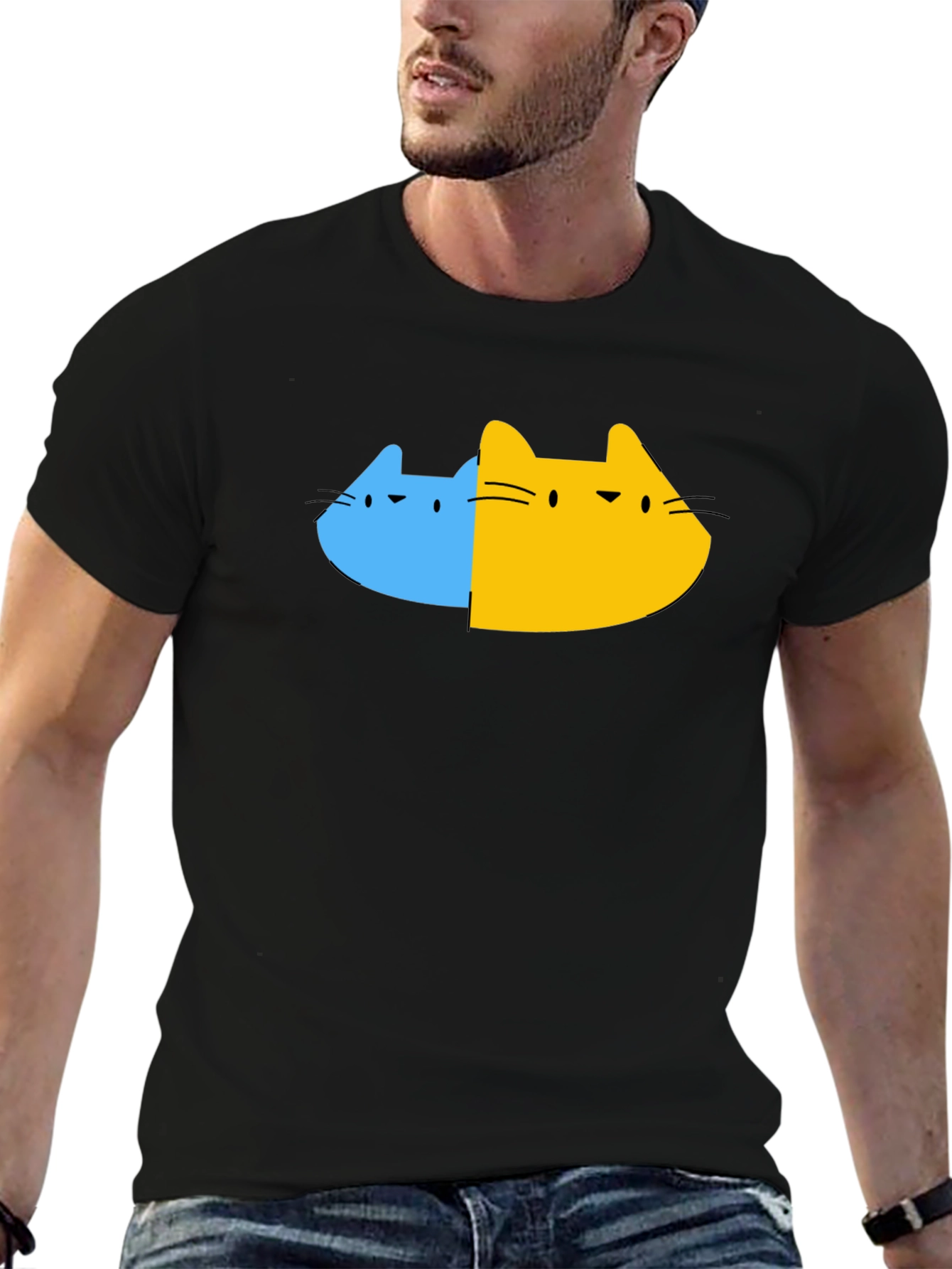Dual Cat Graphic Tee - Black Cotton Blend T-Shirt