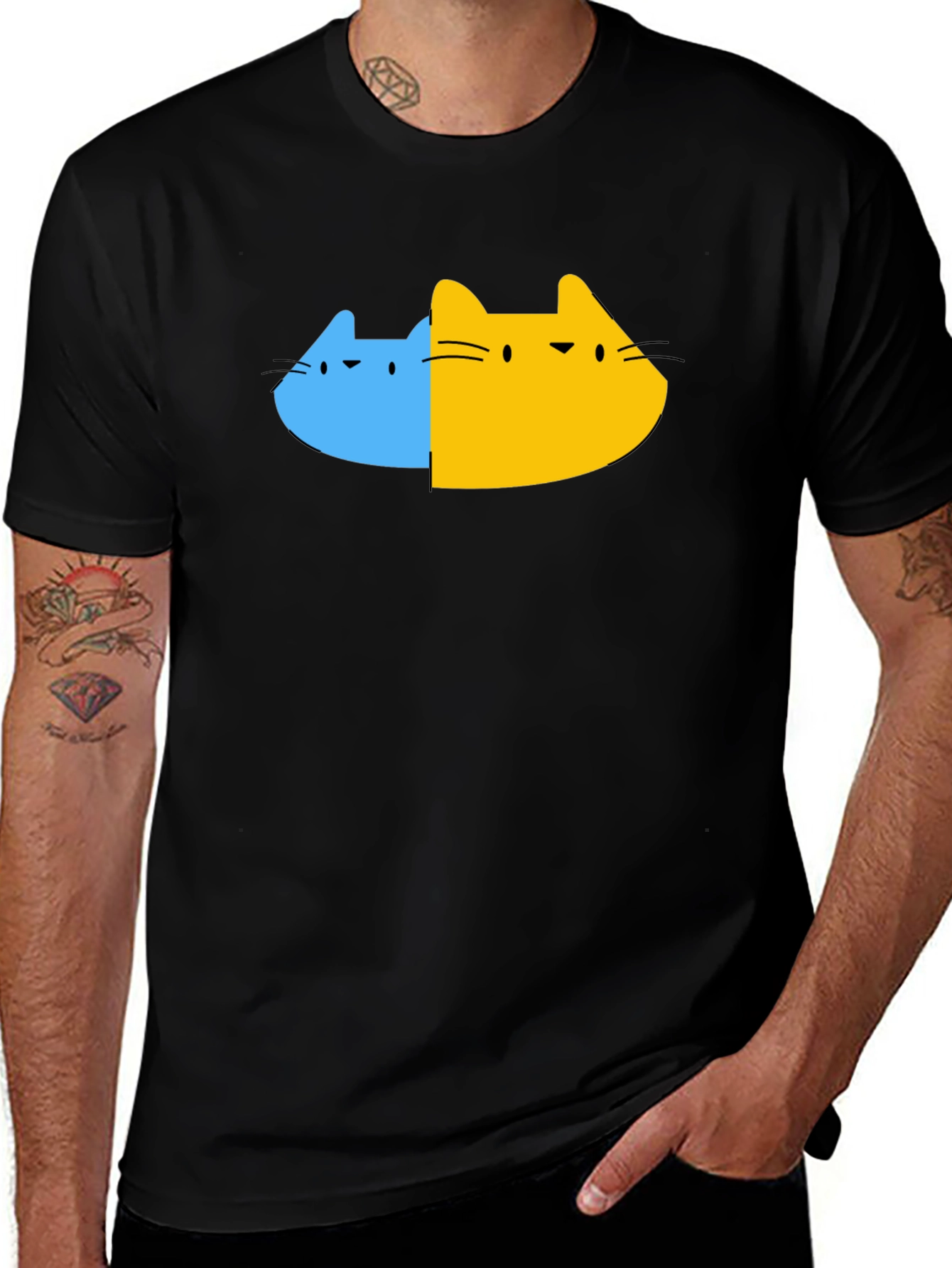 Dual Cat Graphic Tee - Black Cotton Blend T-Shirt