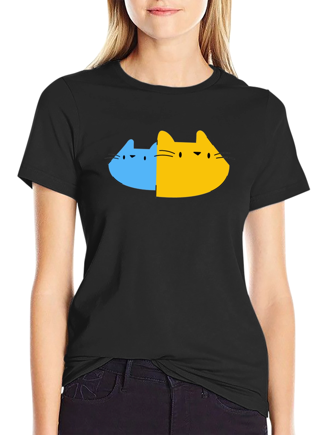 Dual Cat Graphic Tee - Black Cotton Blend T-Shirt