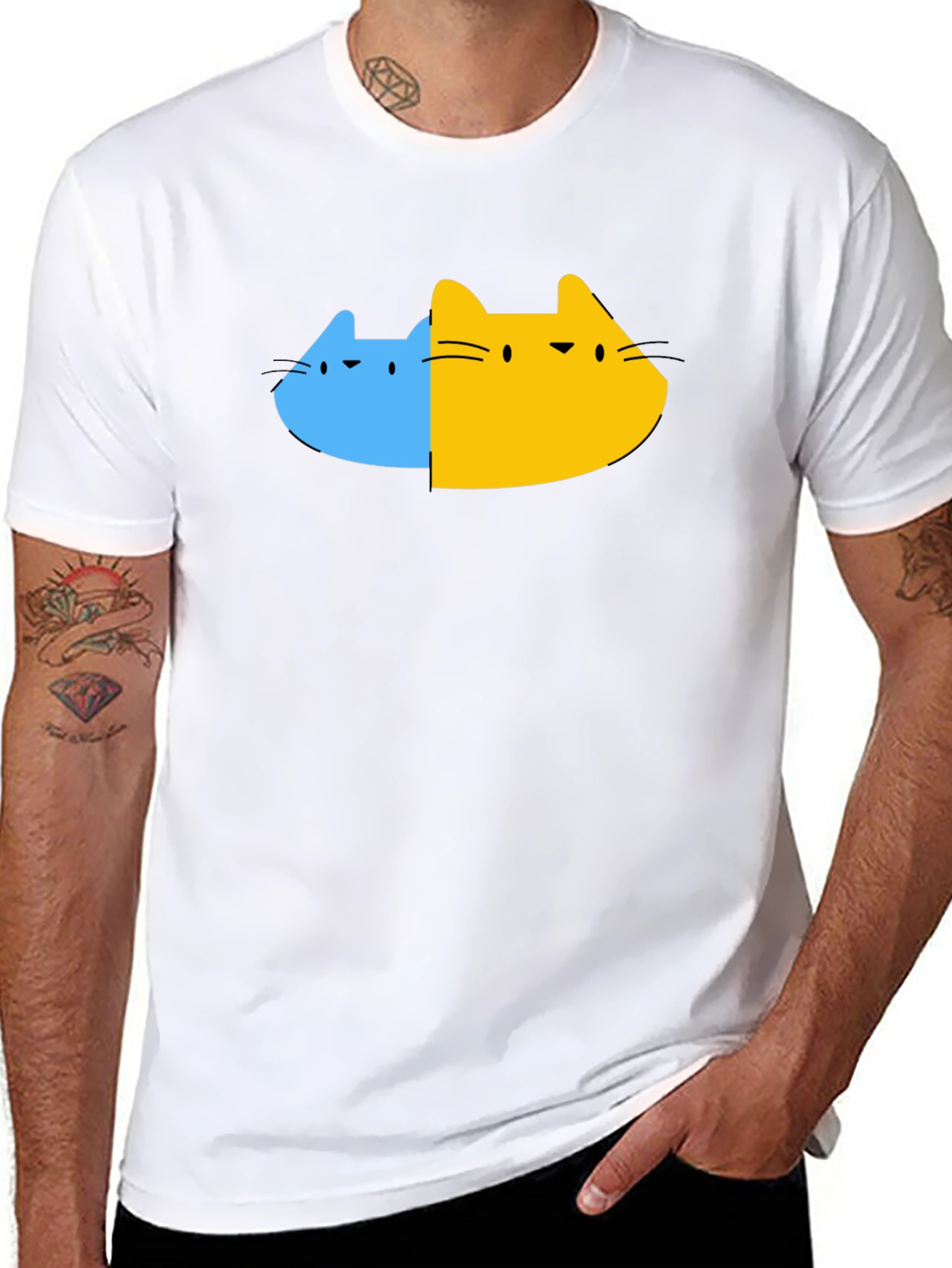 Dual Cat Graphic Tee - Black Cotton Blend T-Shirt