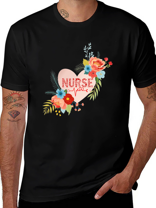 Floral Nurse Heartbeat Graphic T-Shirt