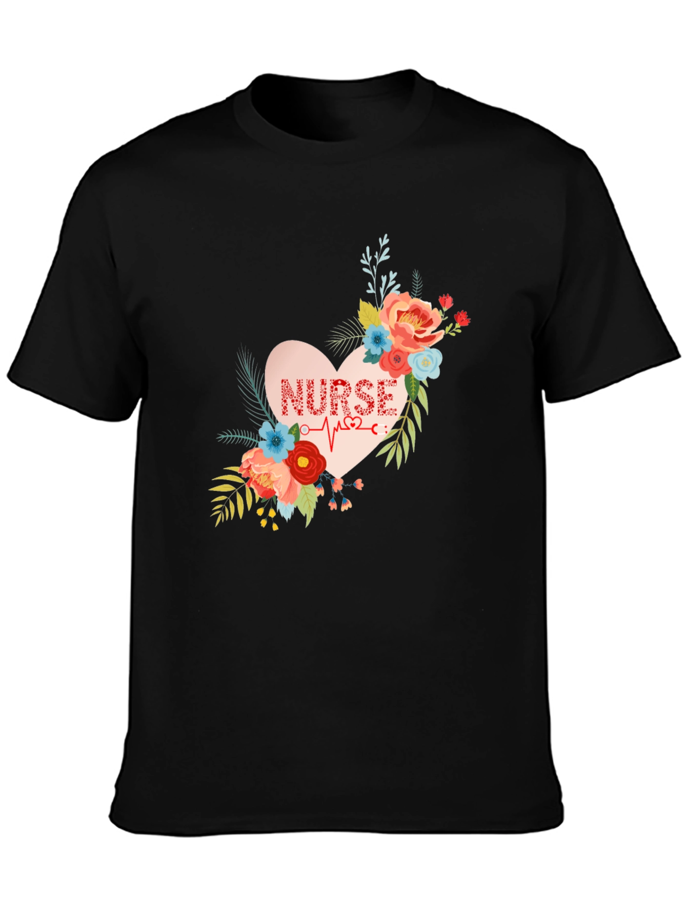 Floral Nurse Heartbeat Graphic T-Shirt