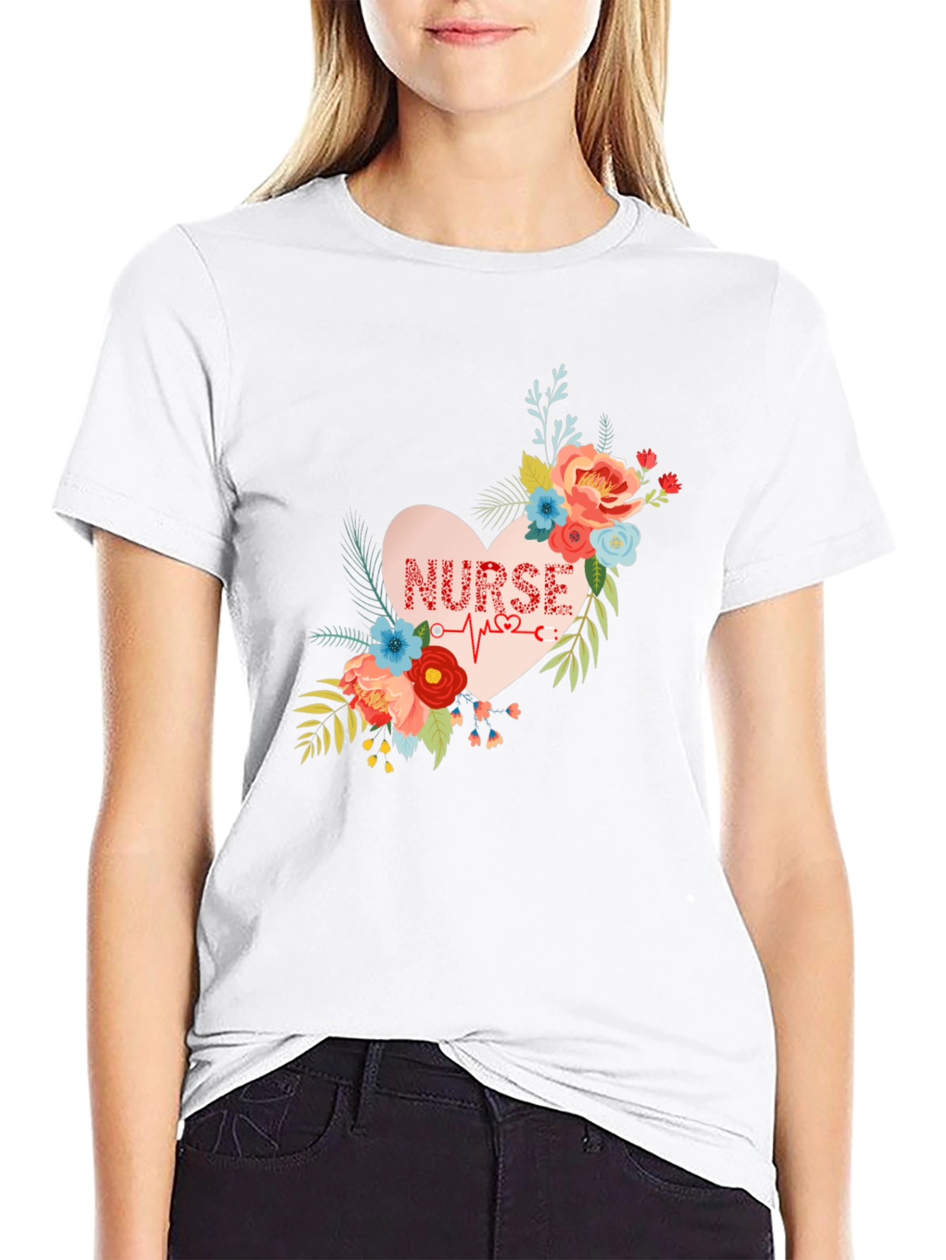 Floral Nurse Heartbeat Graphic T-Shirt