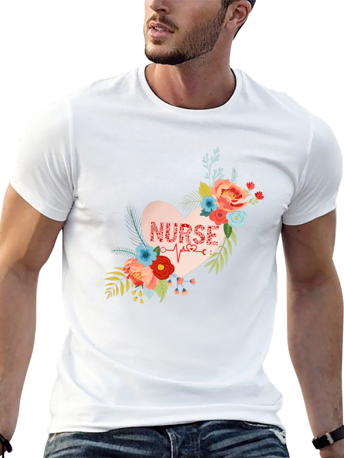 Floral Nurse Heartbeat Graphic T-Shirt
