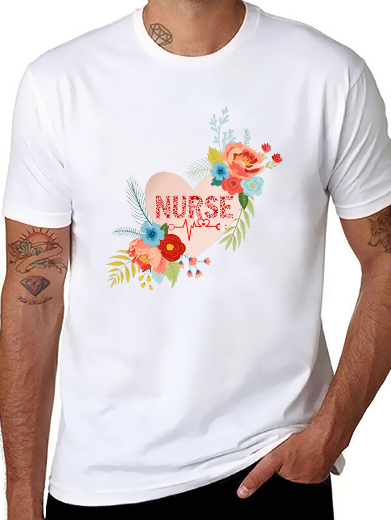 Floral Nurse Heartbeat Graphic T-Shirt