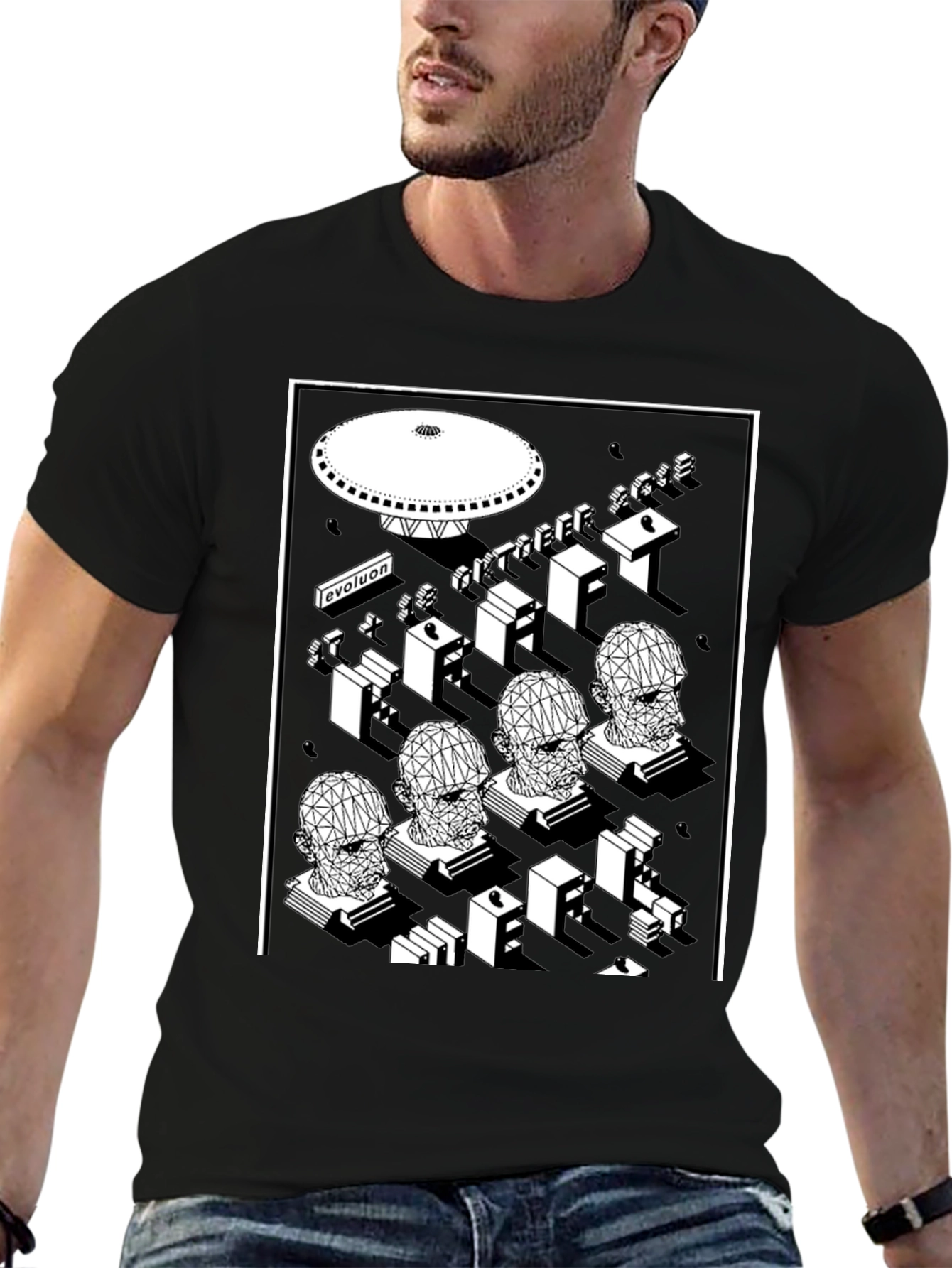 Geometric Sci-Fi Graphic T-Shirt - Black