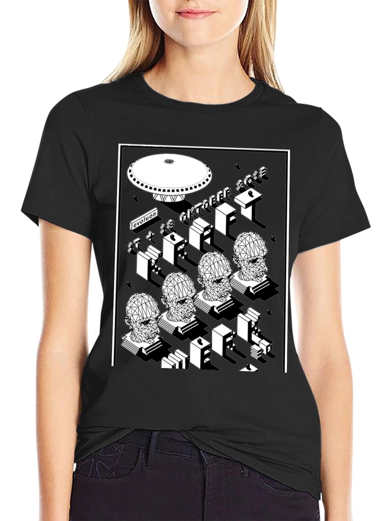 Geometric Sci-Fi Graphic T-Shirt - Black
