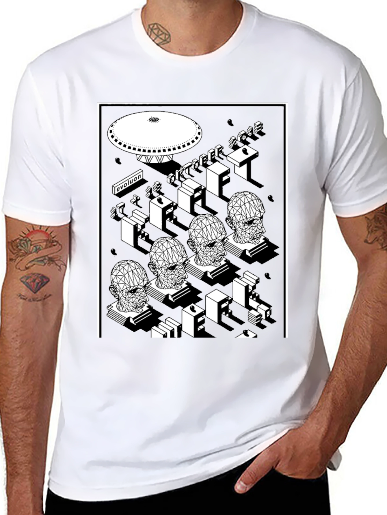 Geometric Sci-Fi Graphic T-Shirt - Black