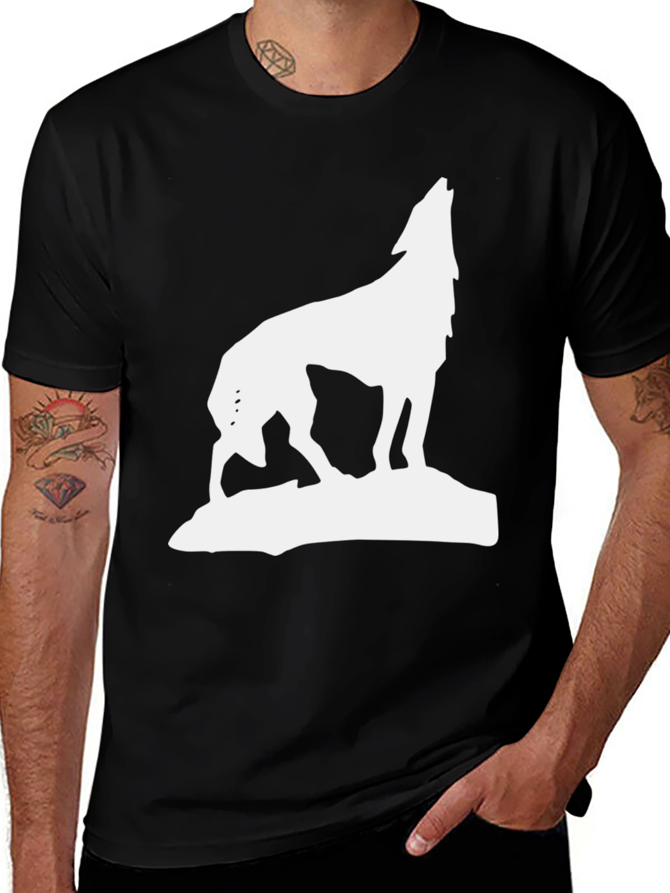 Mens Black Wolf Graphic Tee - Howling Animal Design