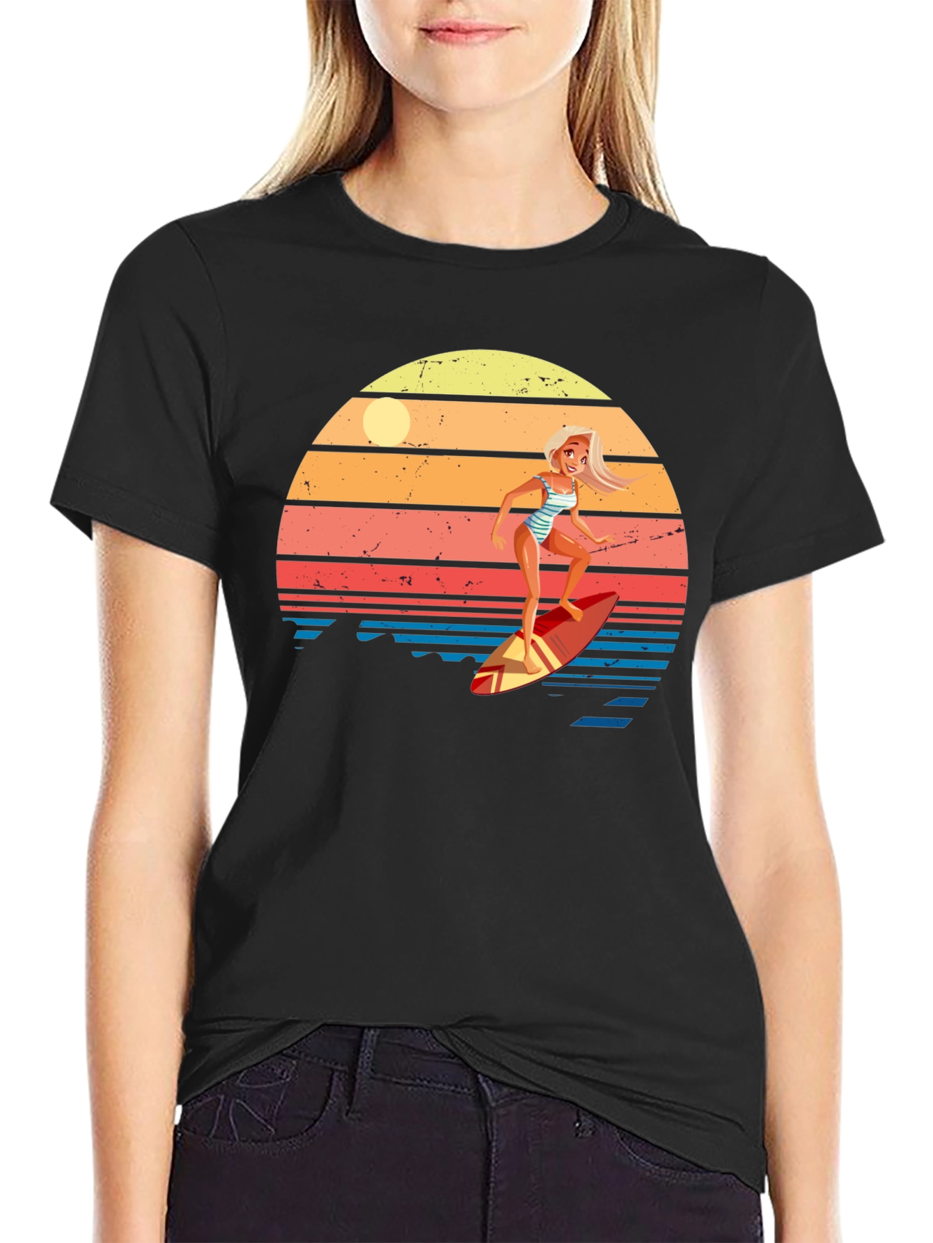 Surfer Girl Retro Sunset Graphic Tee