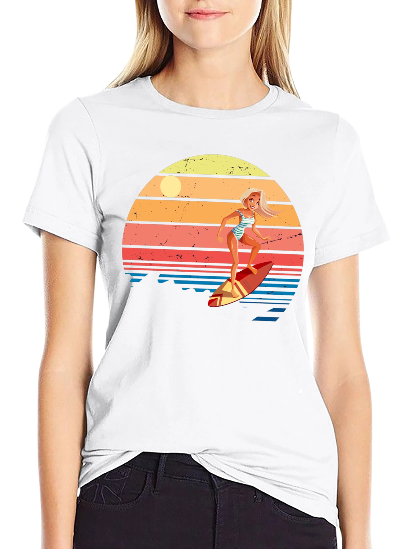 Surfer Girl Retro Sunset Graphic Tee