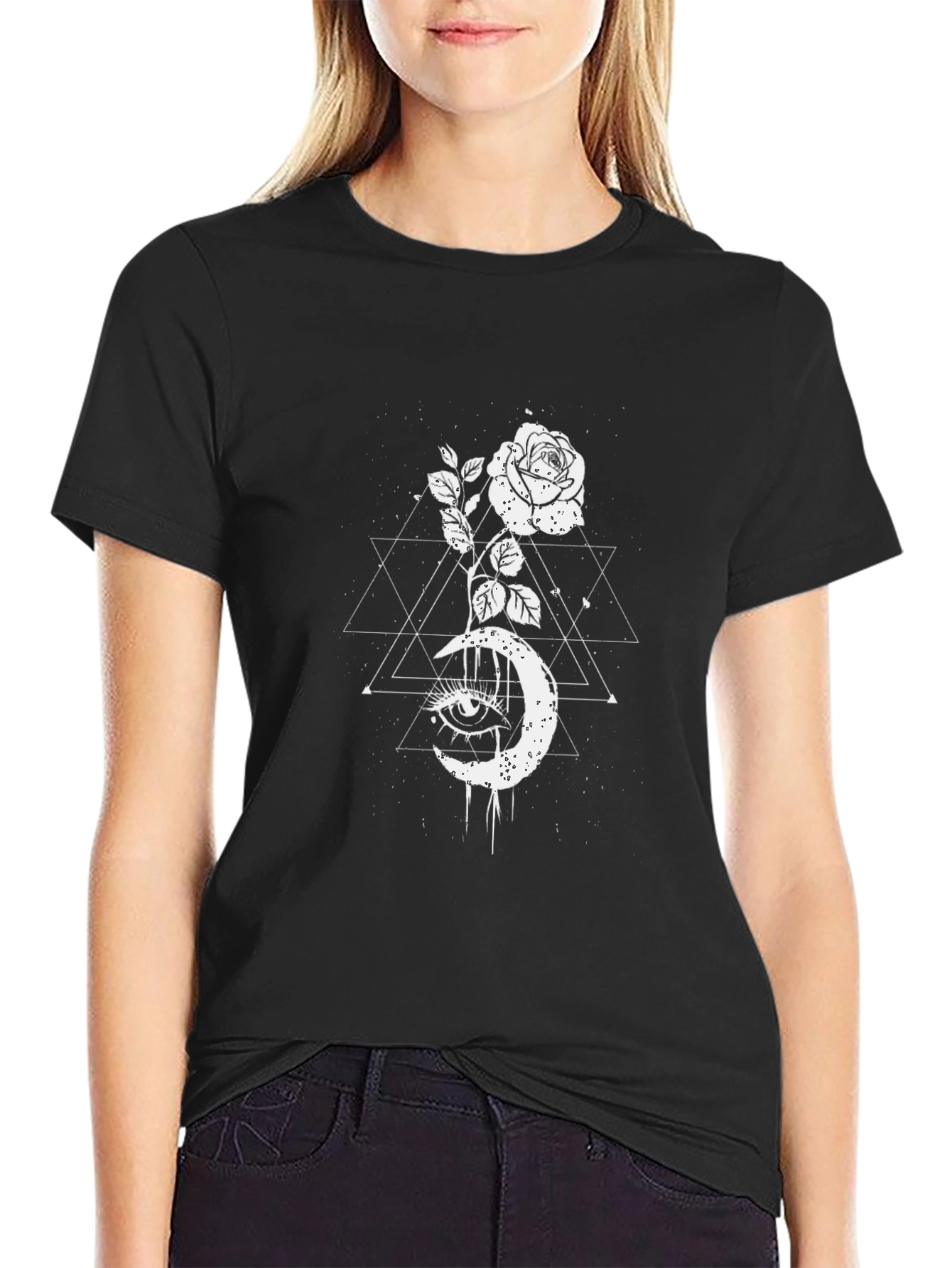 Mystic Rose Moon Graphic Tee - Black Cotton Blend