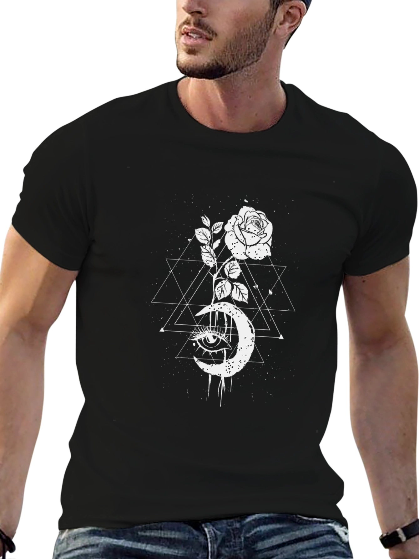 Mystic Rose Moon Graphic Tee - Black Cotton Blend