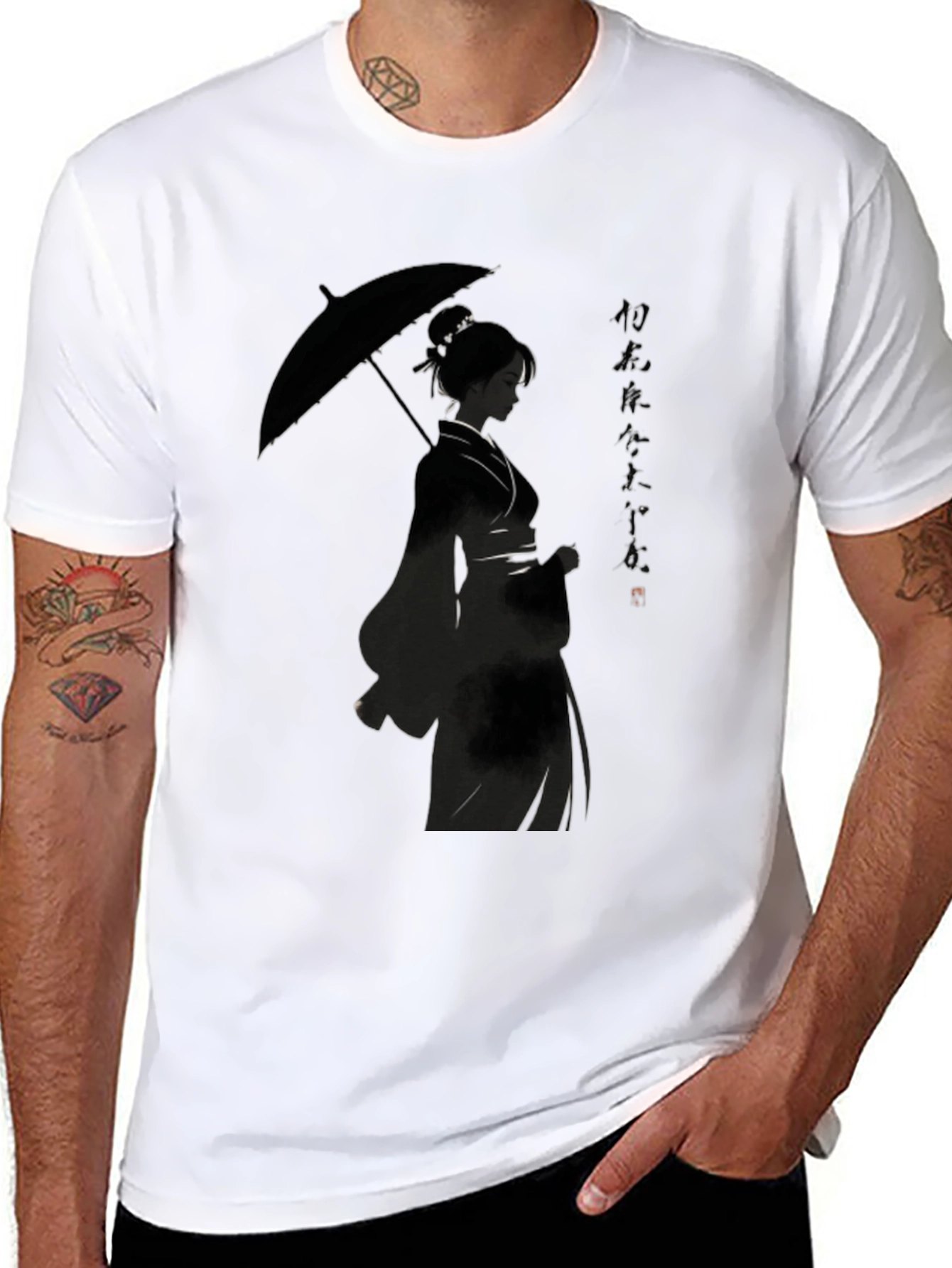 Japanese Geisha Umbrella T-Shirt - Stylish Black Graphic Tee