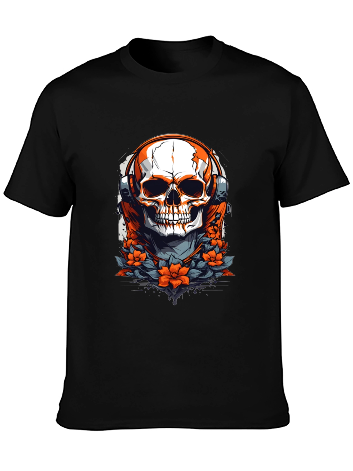 Skull with Headphones Graphic Tee - Black Cotton Shirt