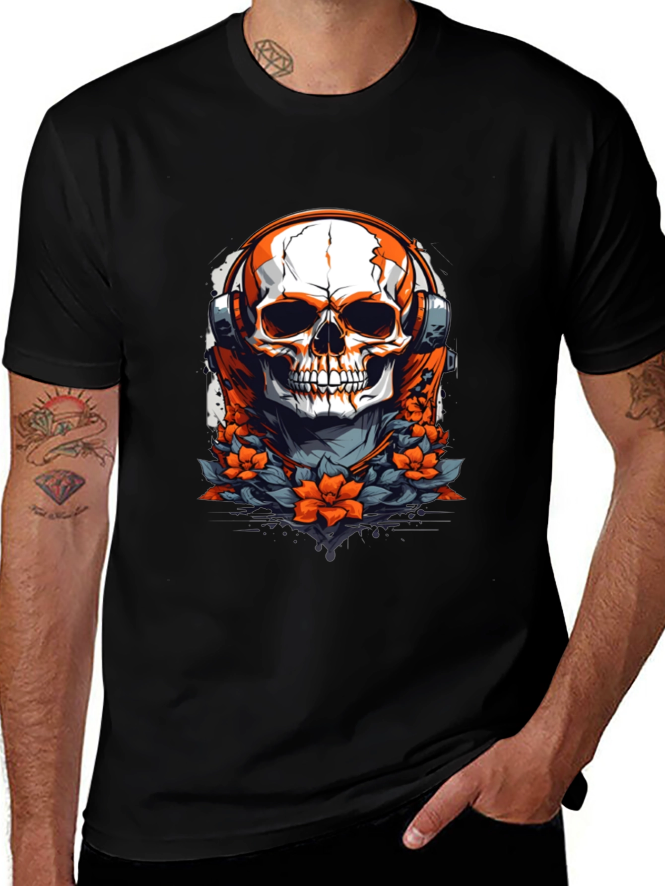Skull with Headphones Graphic Tee - Black Cotton Shirt