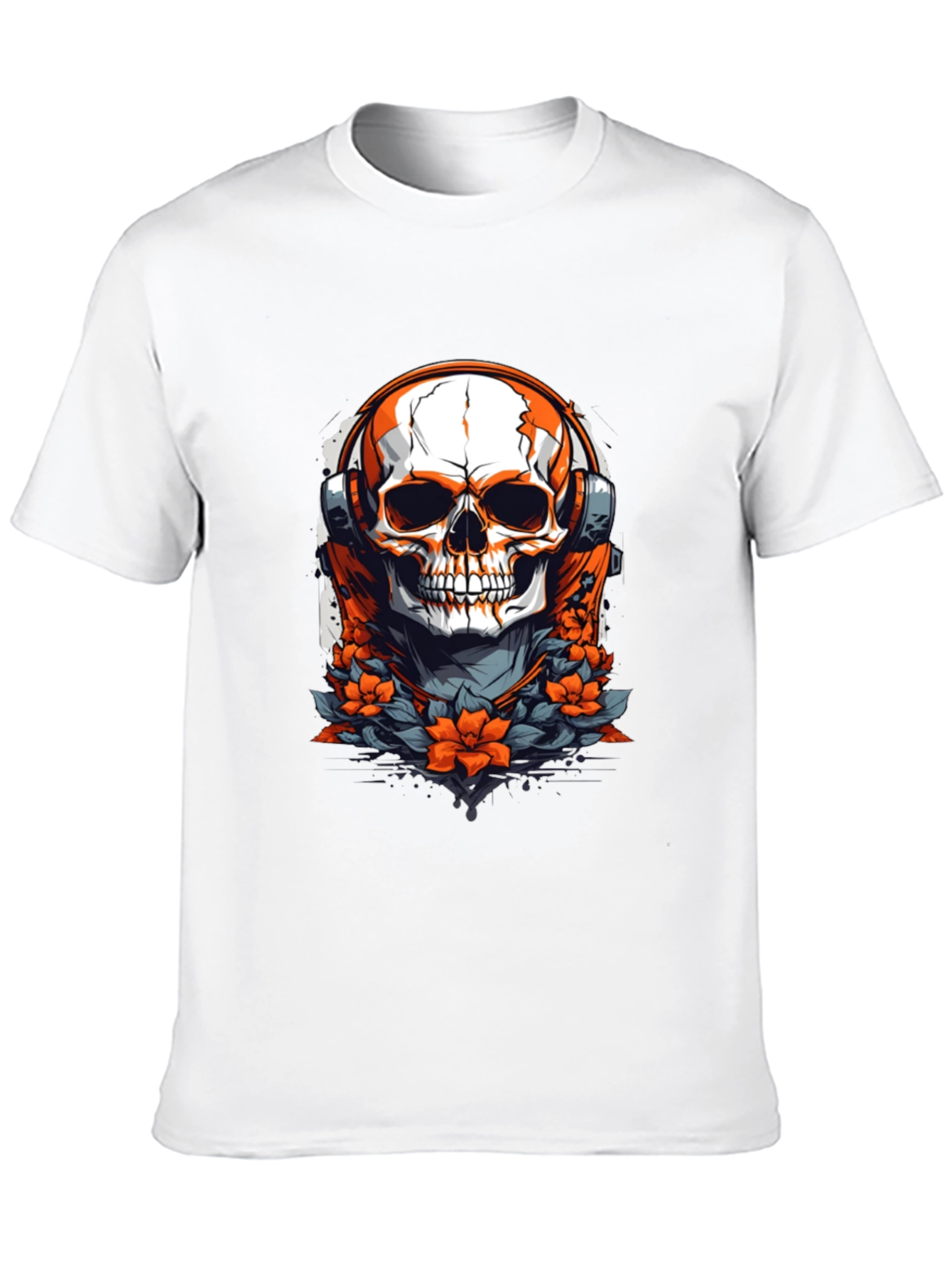 Skull with Headphones Graphic Tee - Black Cotton Shirt