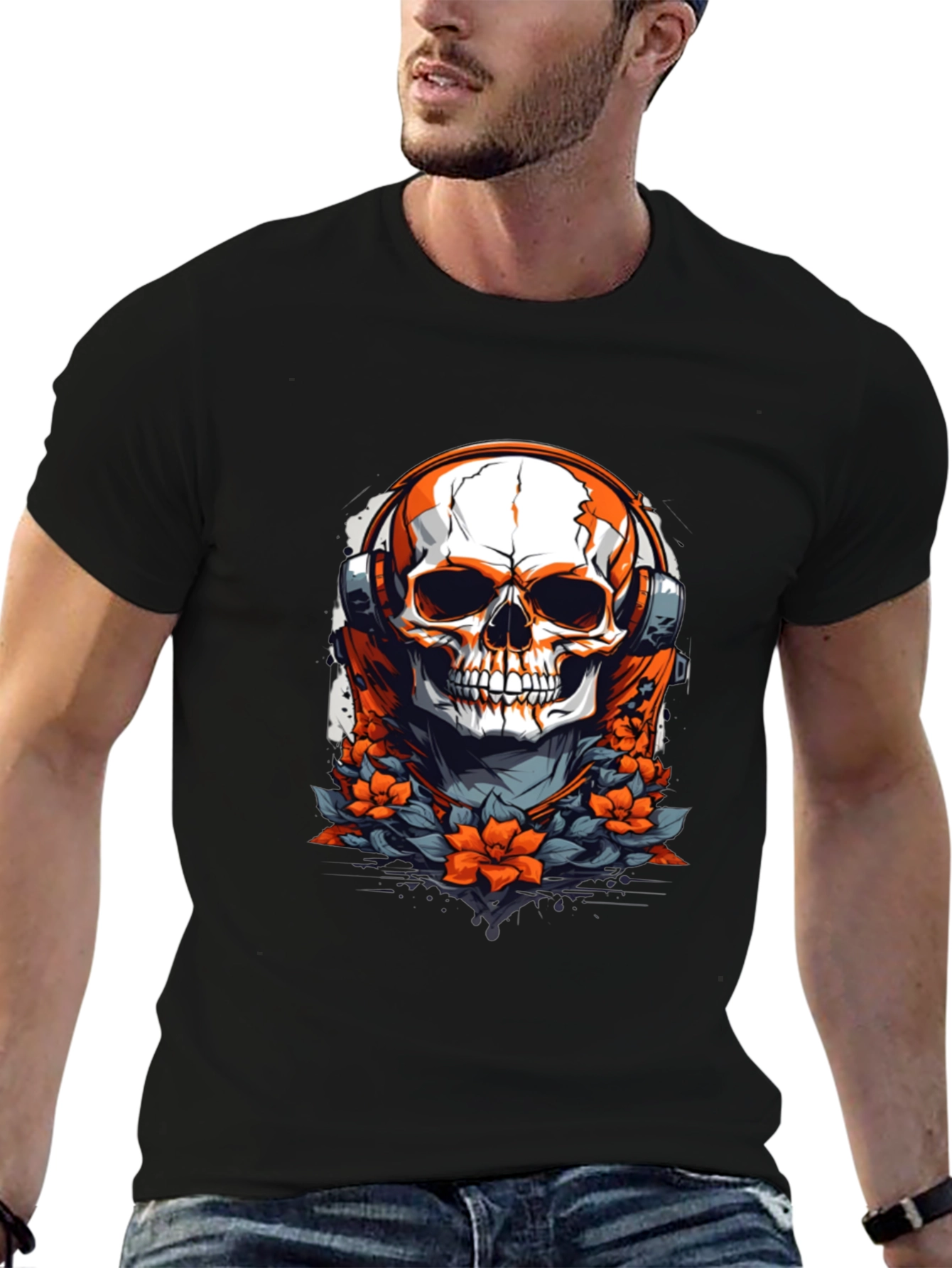 Skull with Headphones Graphic Tee - Black Cotton Shirt