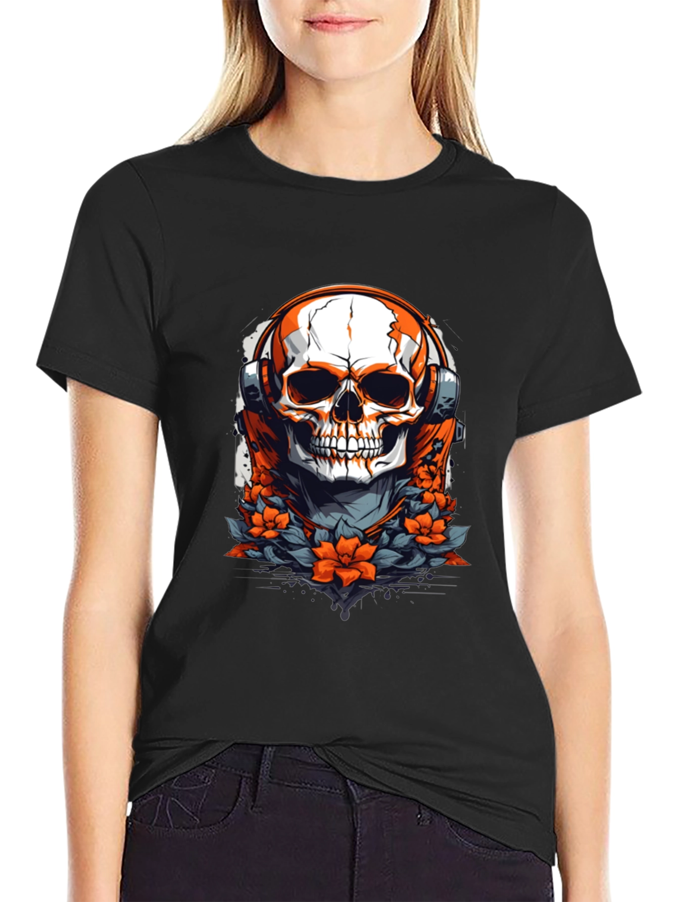 Skull with Headphones Graphic Tee - Black Cotton Shirt