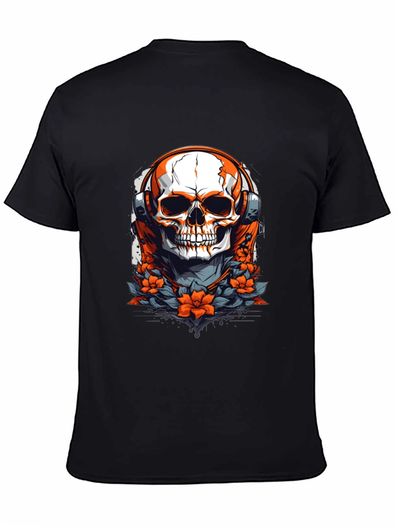 Skull with Headphones Graphic Tee - Black Cotton Shirt