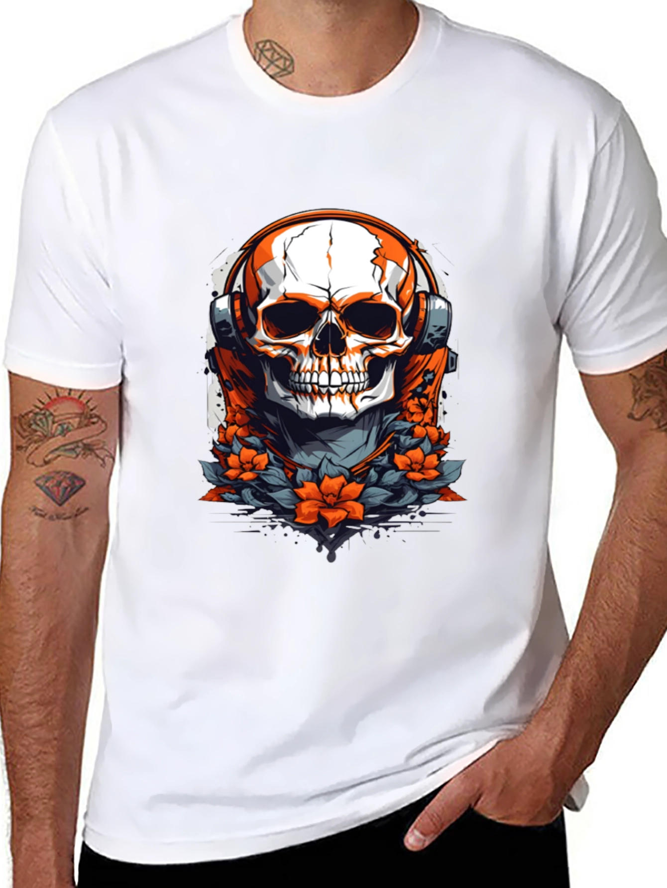 Skull with Headphones Graphic Tee - Black Cotton Shirt