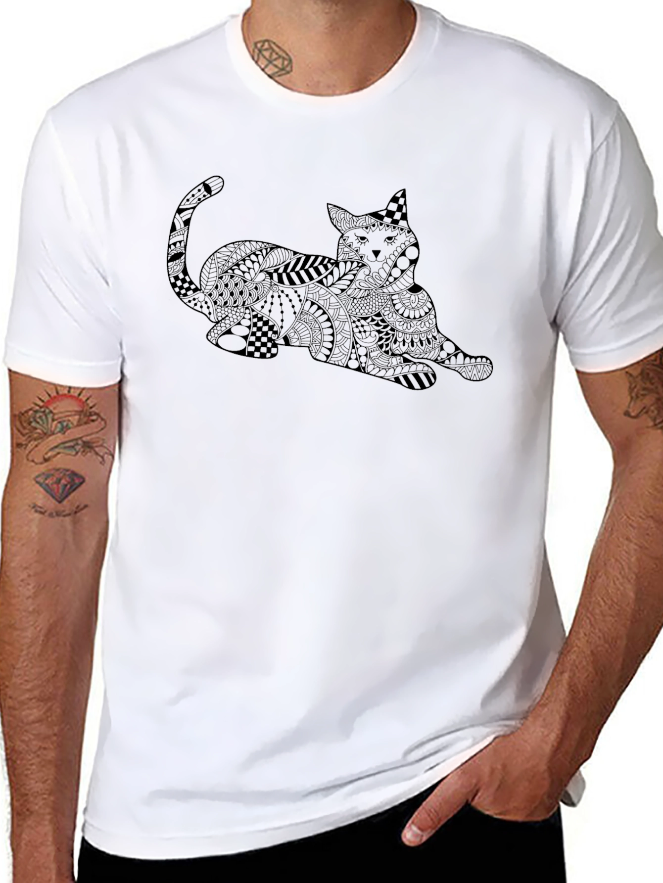 Black T-Shirt with Abstract Cat Design